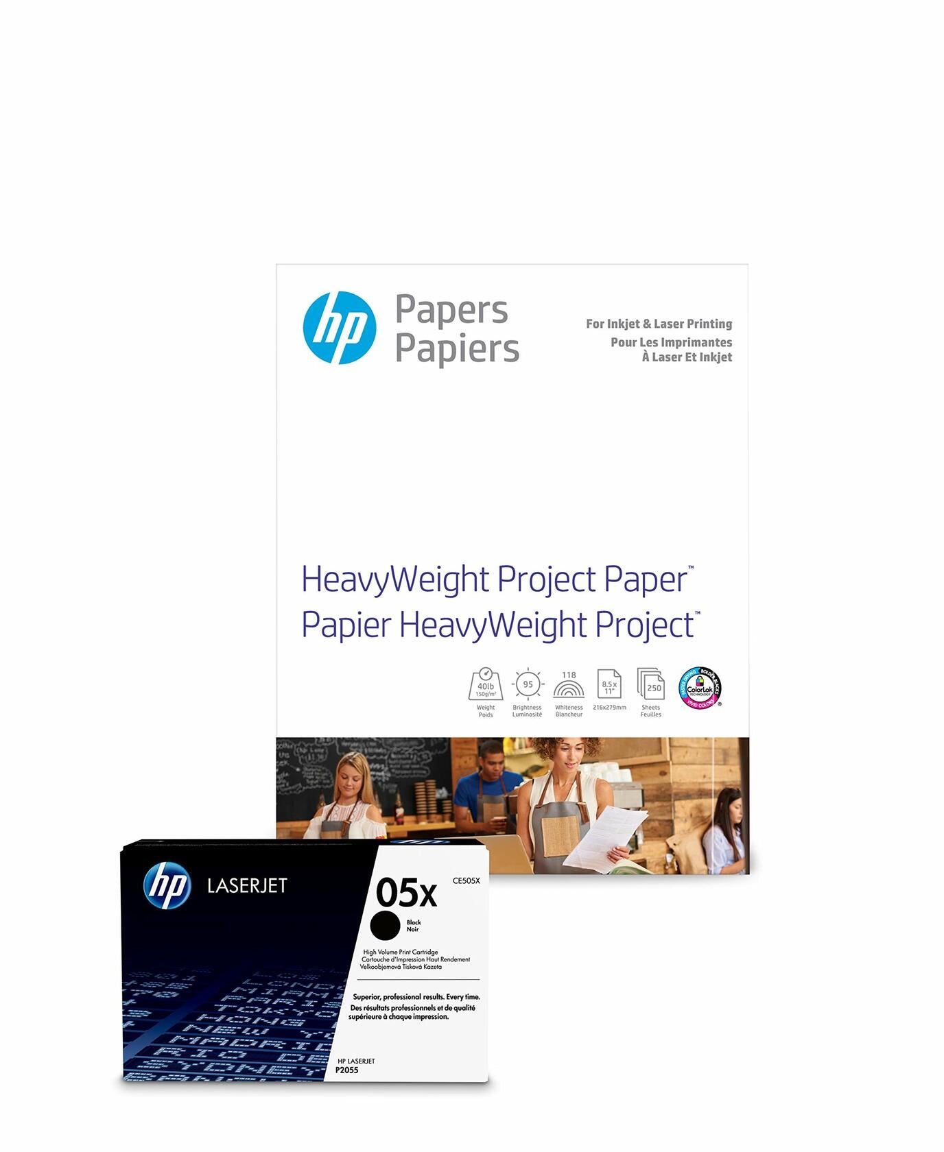 HP 05X Black Toner + HP Heavyweight Project Paper, Matte, Laser, 8.5 x 11, 250