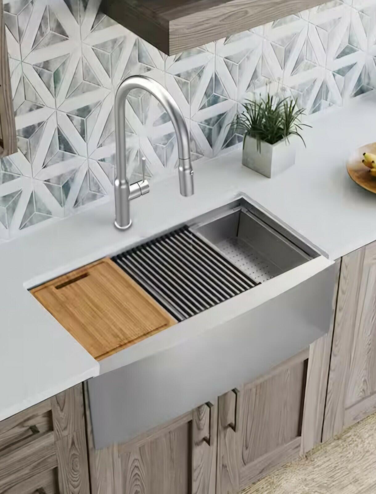 Glacier Bay 4311F 30" Apron-Front Farmhouse Single Bowl Workstation Sink -...