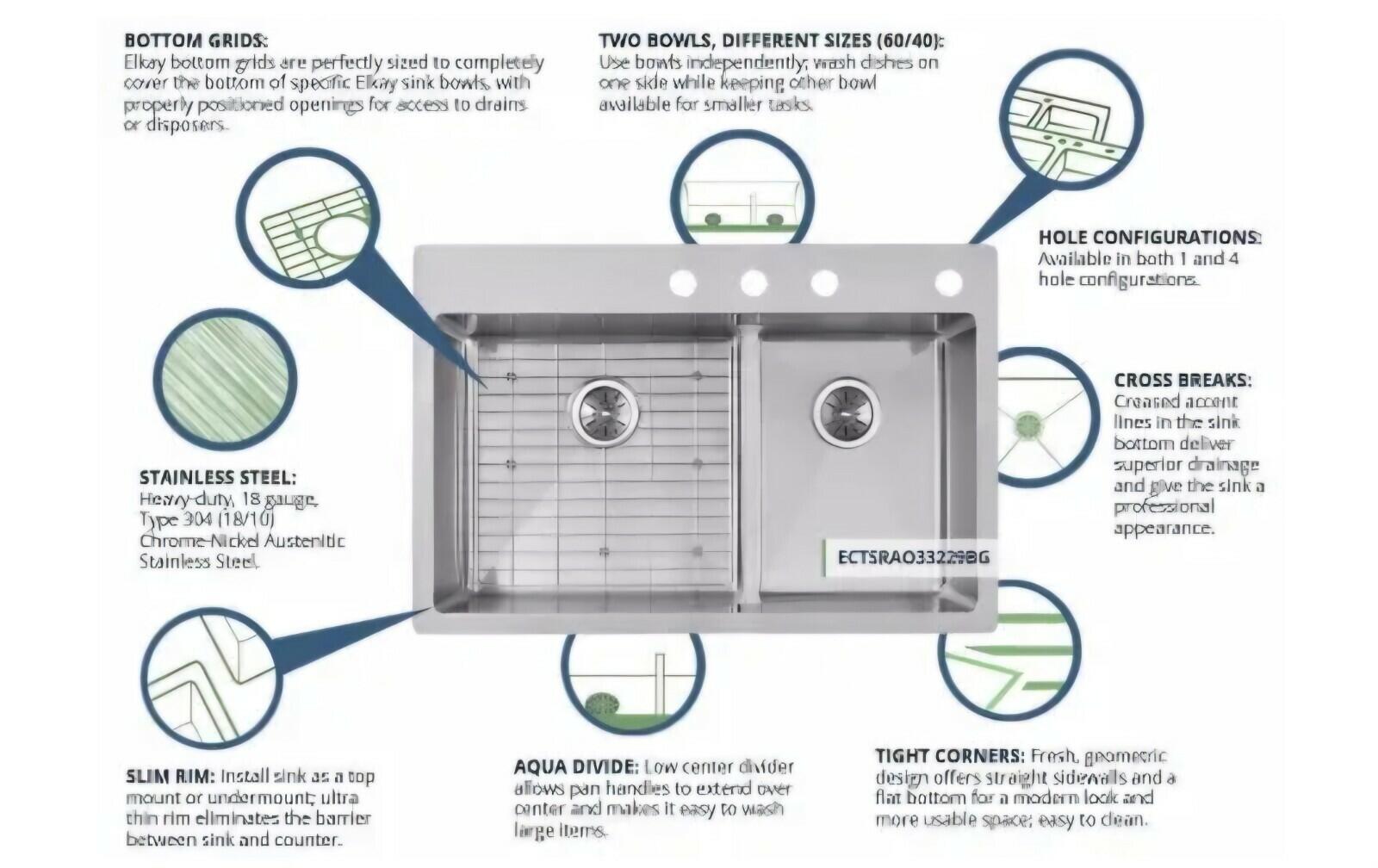 Elkay ECTSRAO33229BG Crosstown 33" x 22" Double Basin Stainless - 4 Faucet Holes