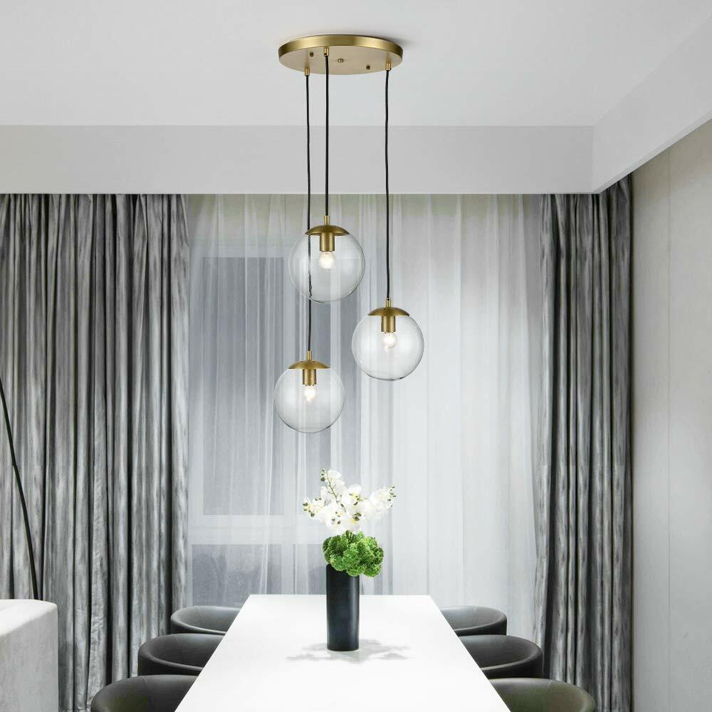 Light Society LS-C255-BB-WH Zeno 3-Light Pendant Lamp in Brushed Brass and White Glass Globes with Adjustable Length Cords, Retro Mid Century Modern Style Chandelier