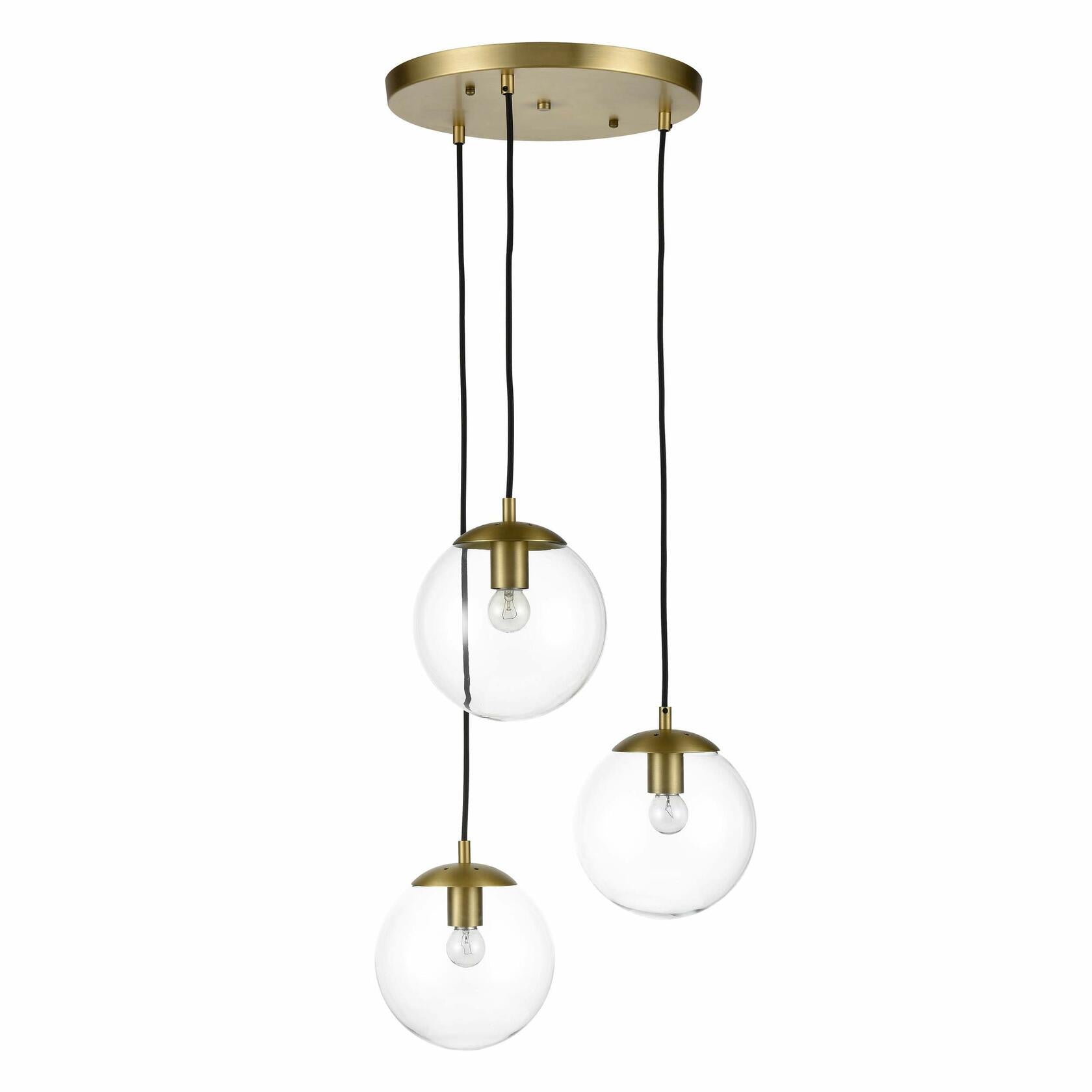 Light Society LS-C255-BB-WH Zeno 3-Light Pendant Lamp in Brushed Brass and White Glass Globes with Adjustable Length Cords, Retro Mid Century Modern Style Chandelier