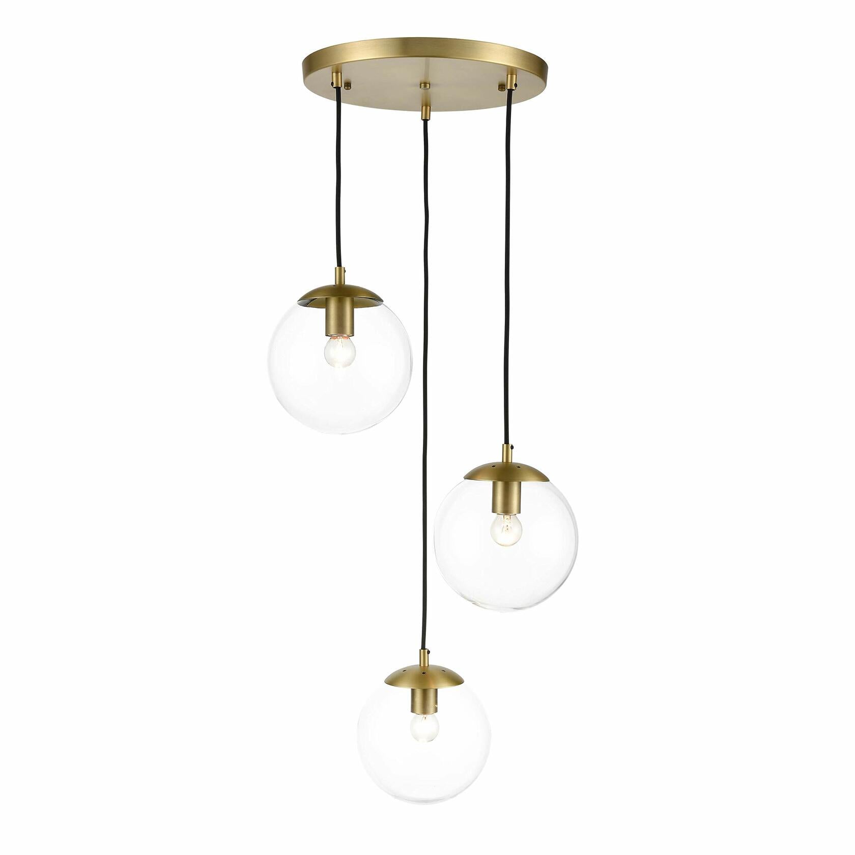 Light Society LS-C255-BB-WH Zeno 3-Light Pendant Lamp in Brushed Brass and White Glass Globes with Adjustable Length Cords, Retro Mid Century Modern Style Chandelier