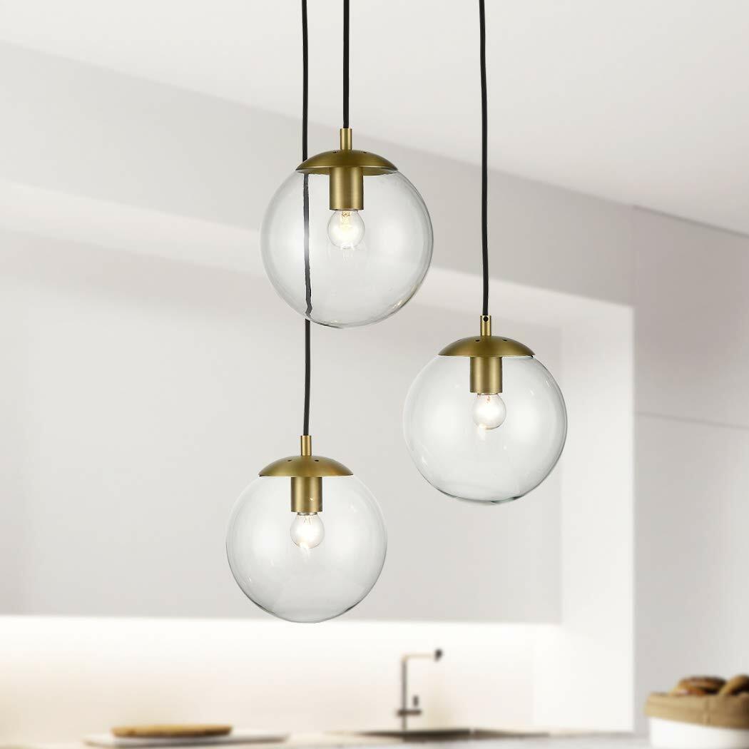 Light Society LS-C255-BB-WH Zeno 3-Light Pendant Lamp in Brushed Brass and White Glass Globes with Adjustable Length Cords, Retro Mid Century Modern Style Chandelier