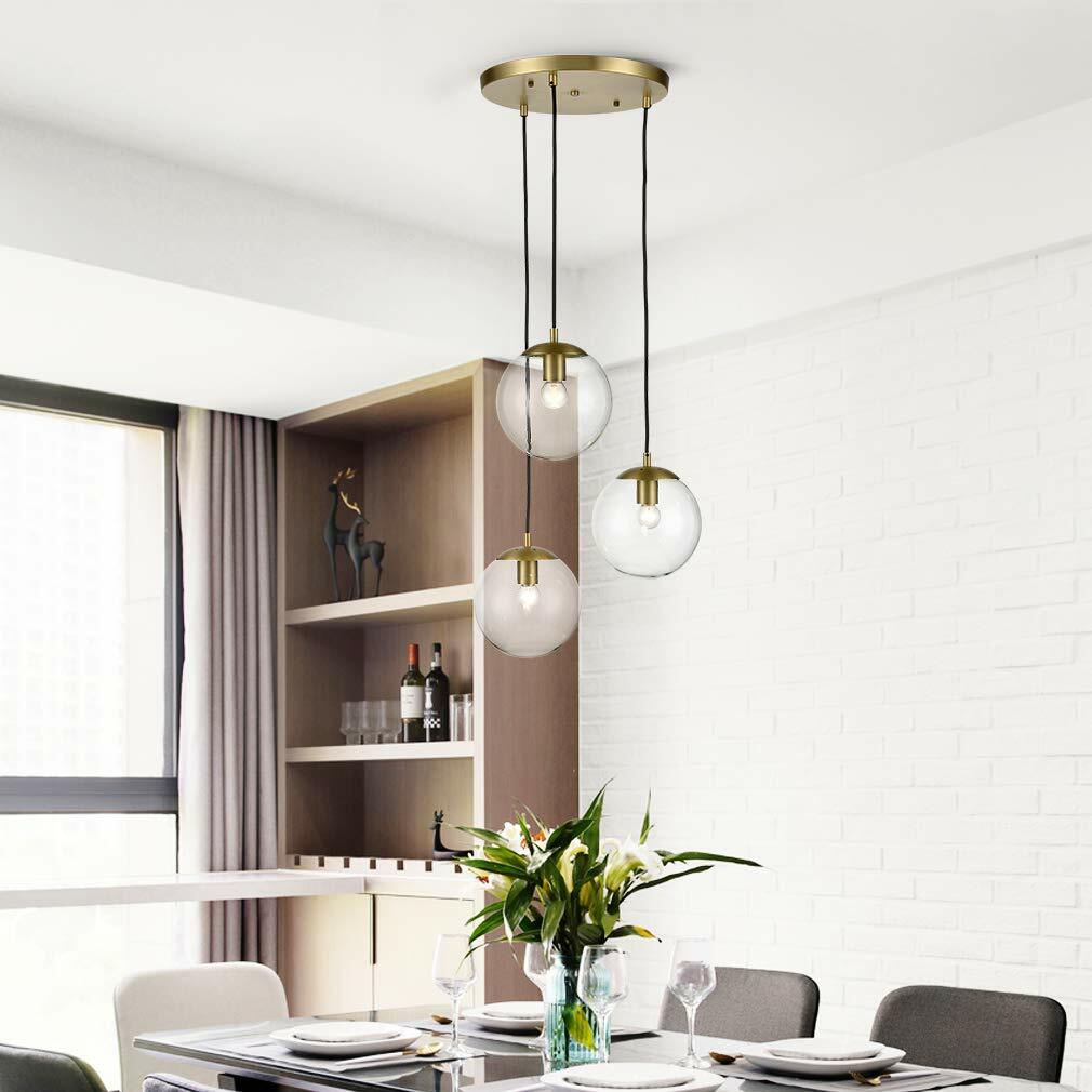 Light Society LS-C255-BB-WH Zeno 3-Light Pendant Lamp in Brushed Brass and White Glass Globes with Adjustable Length Cords, Retro Mid Century Modern Style Chandelier