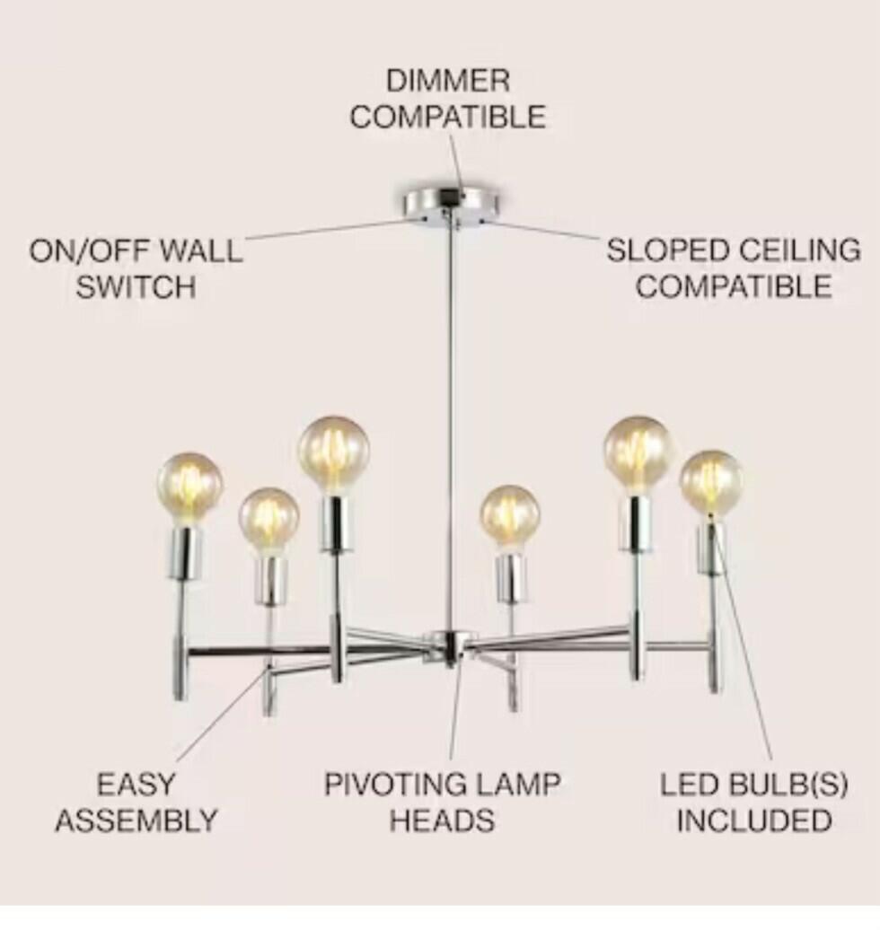 JONATHAN Y LED Chandelier 24" 6-Bulb Adjustable Height Dimmable Metal Chrome