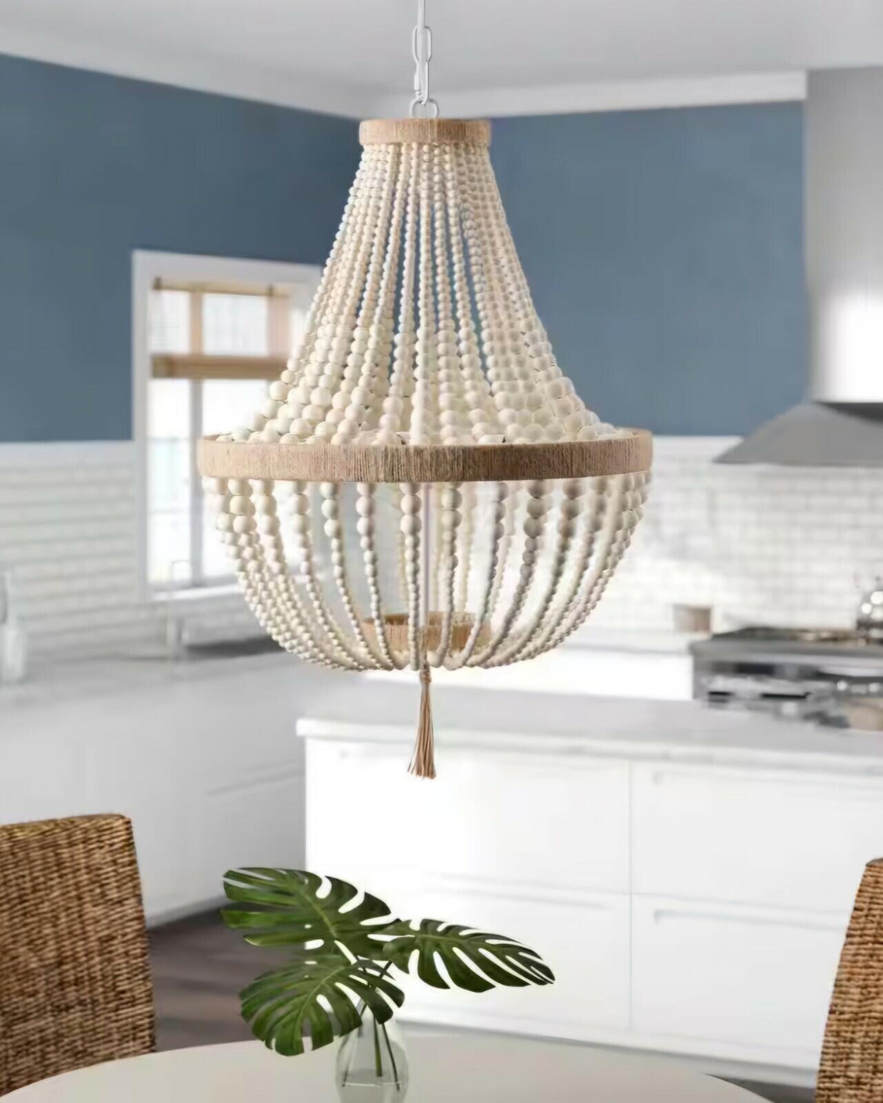 Hampton Bay Adelaide 4-Light Weathered White Wood Bead Chandelier New