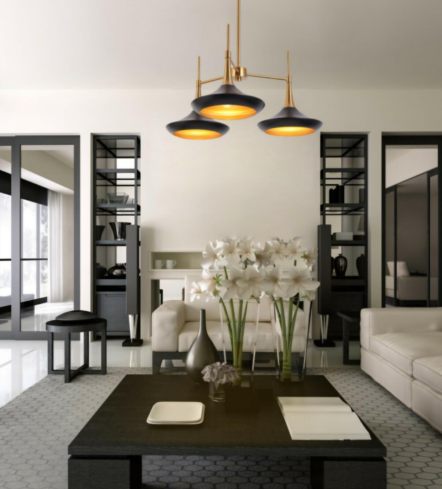 LNC Pheme 3-Light Matte Black and Polished Gold Linear Modern Indoor Chandelier