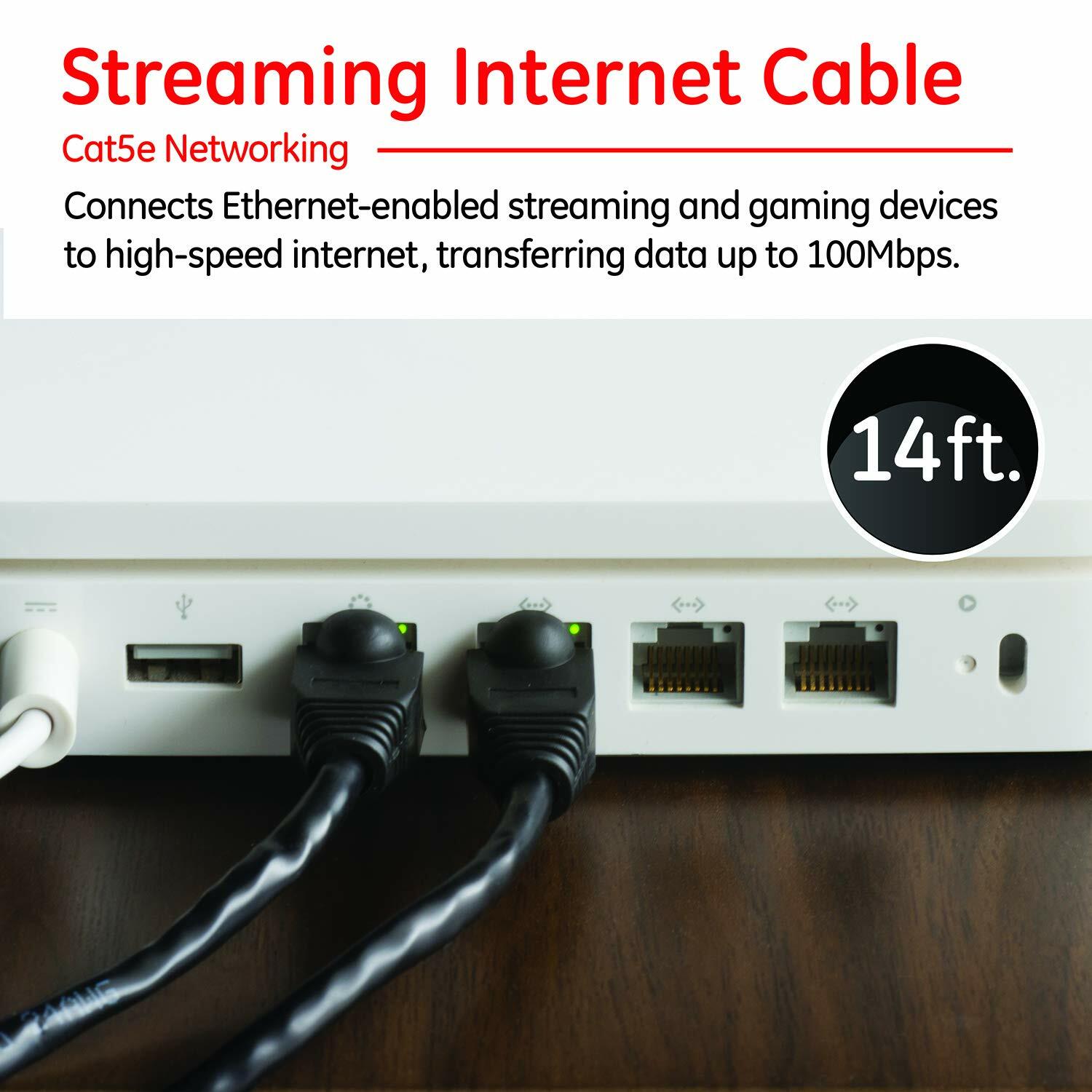 GE Cat5e Ethernet Cable, 14 ft. Ethernet Cable, RJ45 Connectors, for High Speed Internet Devices, Streaming Devices, Audio, Video, for Home or Office, 100MB/Sec, Black, 33761