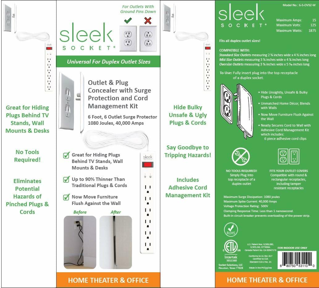 Sleek Socket 6 Outlet Surge Protector, Ultra-Thin Outlet Concealer with Cord Concealer Kit, 6-Foot Cord, Universal Size (Ideal for Home Office & Home Theater)