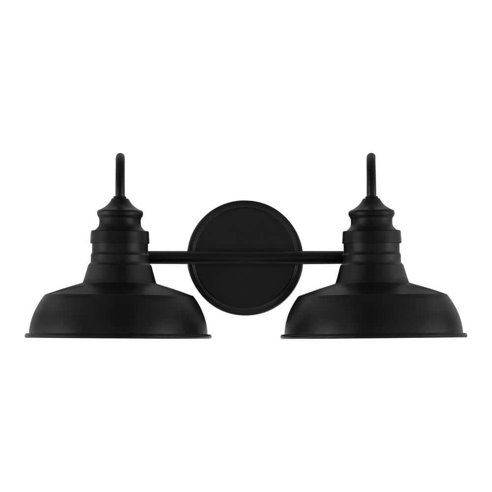 Hampton Bay 18.25 in. Elmcroft 2-Light Matte Black Farmhouse Bathroom Vanity Light with Metal Shades