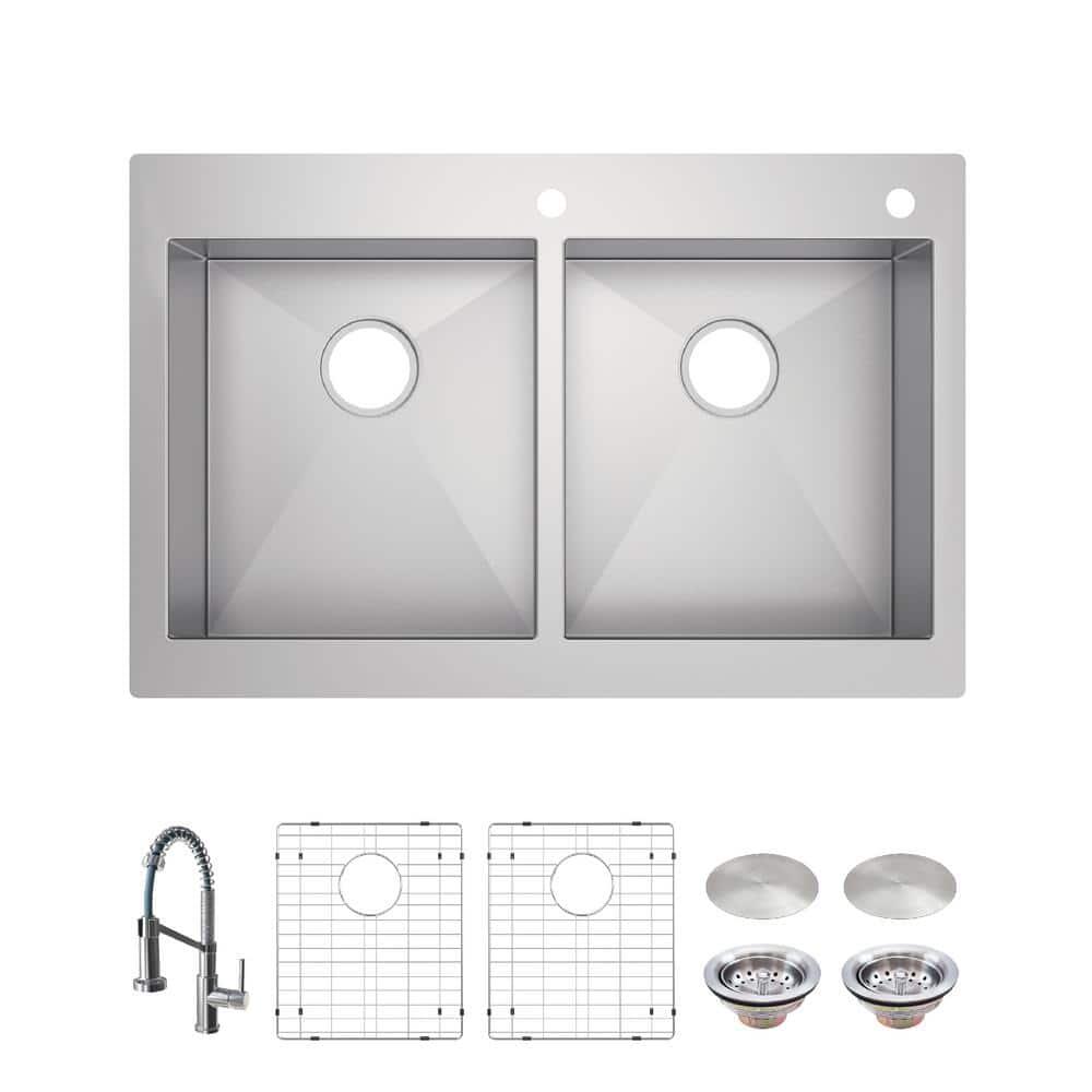 Professional Zero Radius 33 in. Drop-In 50/50 Double Bowl 16 Gauge Stainless Steel Kitchen Sink with Spring Neck Faucet