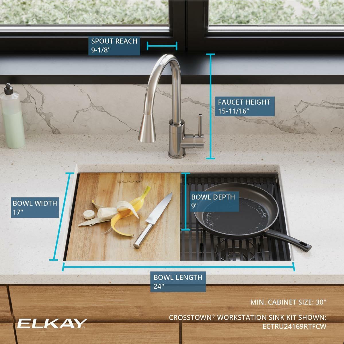 Elkay Crosstown 18 Gauge Workstation Stainless Steel 25-1/2" x 18-1/2" x 9" Single Bowl Undermount Sink & Faucet Kit