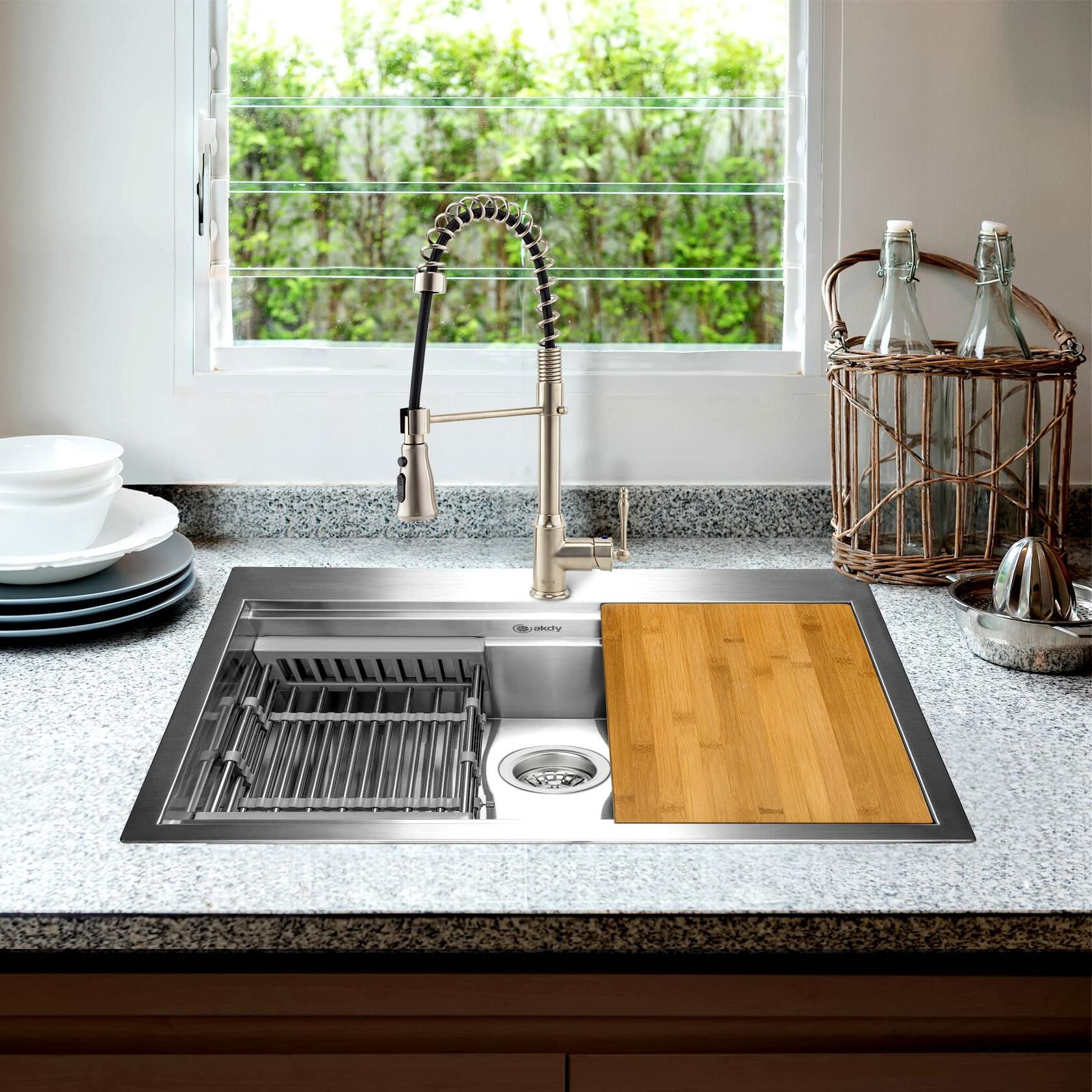 AKDY Kitchen Sink with Faucet Combo, 33-inch Drop-in Workstation Single Bowl Stainless Steel 33" x 22" x 9" with Spring Neck Faucet & Sink Accessories
