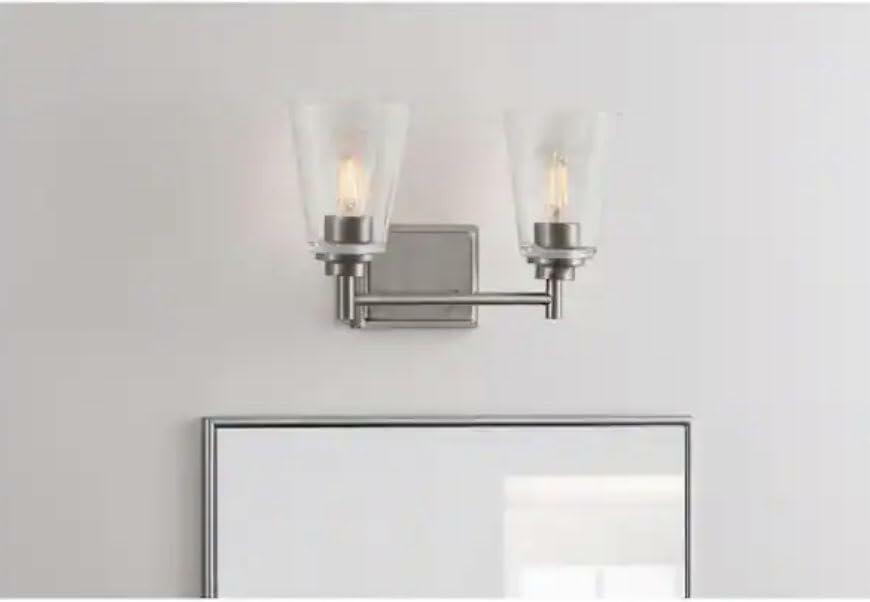 Home Decorators Wakefield 15 in. 2-Light Brushed Nickel Modern Indoor Vanity with Clear Glass Shades