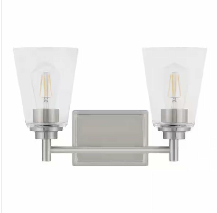 Home Decorators Wakefield 15 in. 2-Light Brushed Nickel Modern Indoor Vanity with Clear Glass Shades