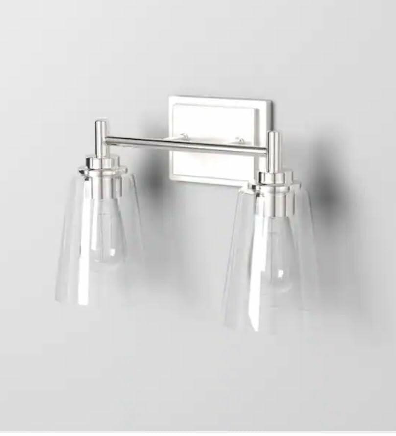 Home Decorators Wakefield 15 in. 2-Light Brushed Nickel Modern Indoor Vanity with Clear Glass Shades