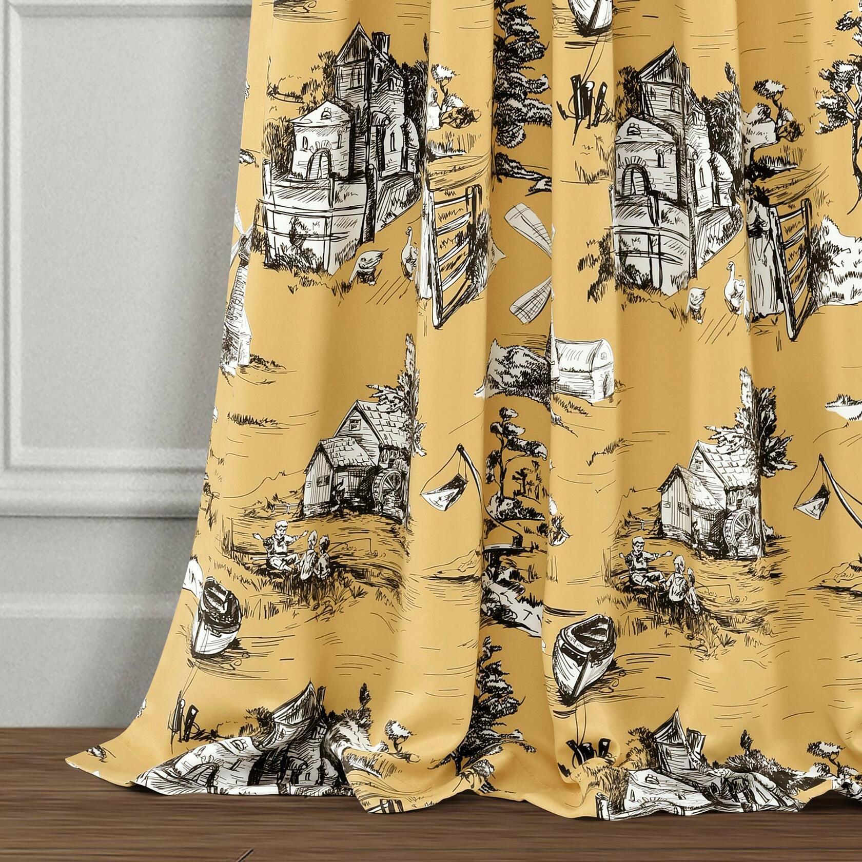 Lush Decor French Country Toile Light Filtering Window Curtain Panel Pair, 52" W x 95" L, Yellow & Gray