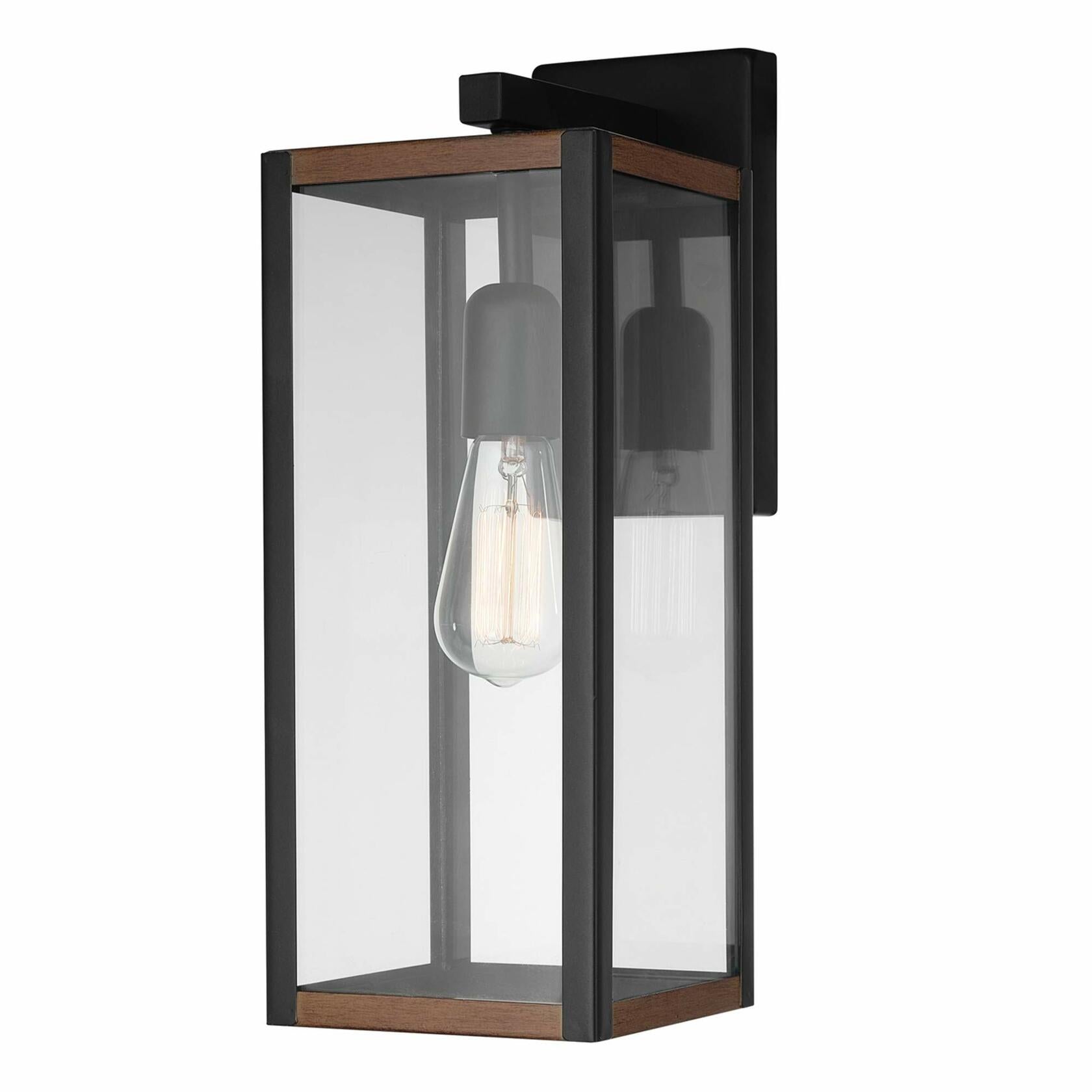 GLOBE Electric 44681 1-Light Outdoor Indoor Wall Sconce, Matte Black, Faux Wood Accents, Clear Glass Shade, Back Porch Lights, Front Patio, Garage Fixture, Exterior Lighting for House
