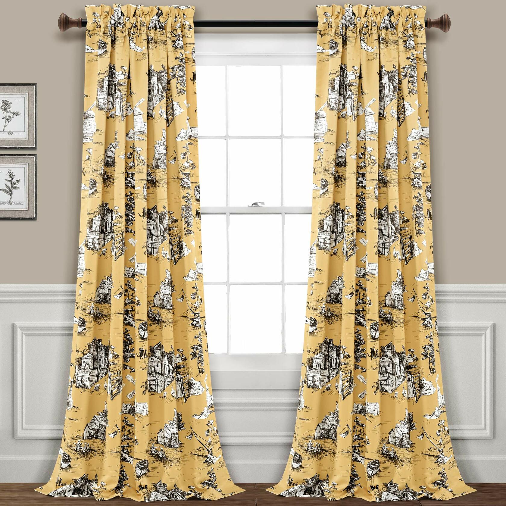 Lush Decor French Country Toile Light Filtering Window Curtain Panel Pair, 52" W x 95" L, Yellow & Gray