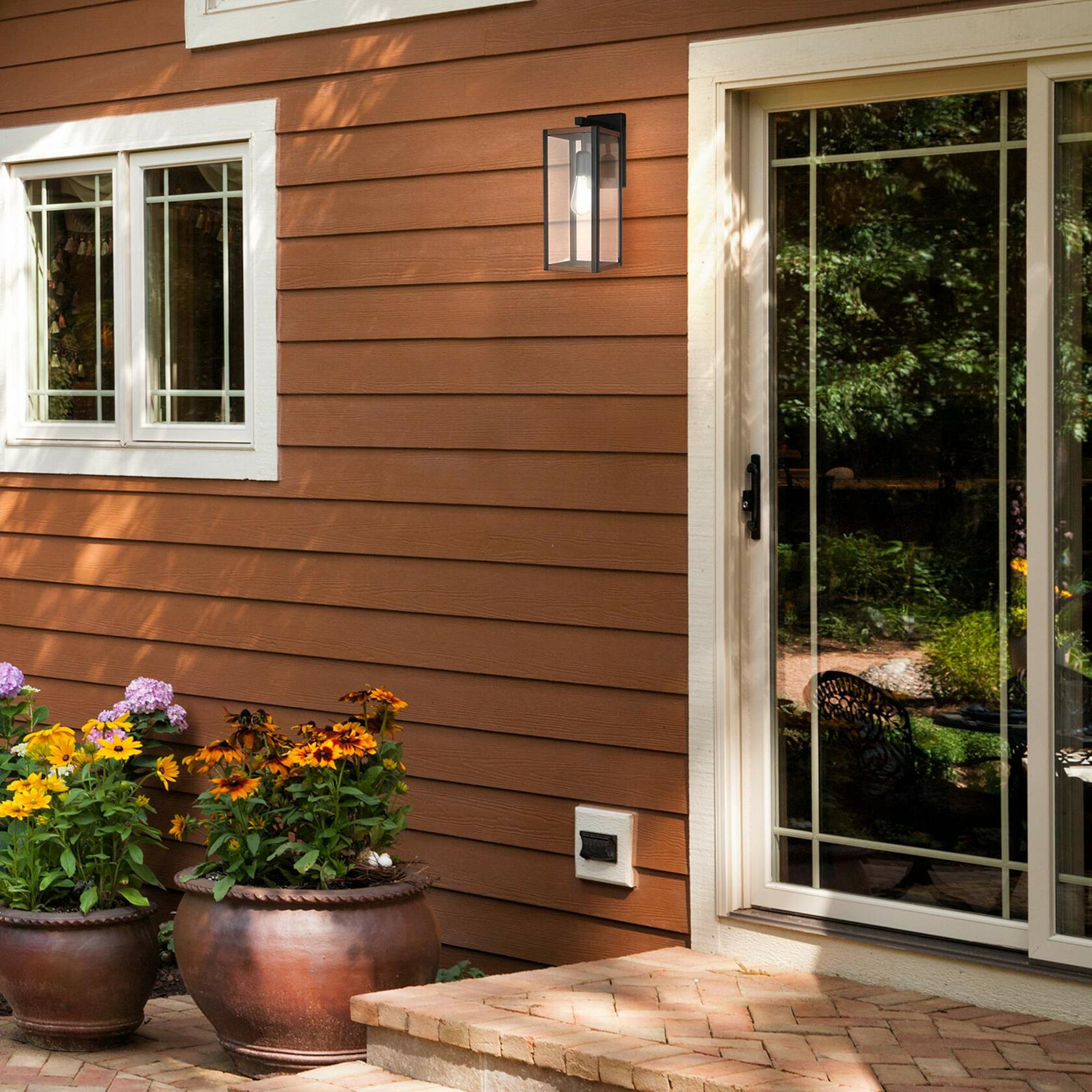 GLOBE Electric 44681 1-Light Outdoor Indoor Wall Sconce, Matte Black, Faux Wood Accents, Clear Glass Shade, Back Porch Lights, Front Patio, Garage Fixture, Exterior Lighting for House