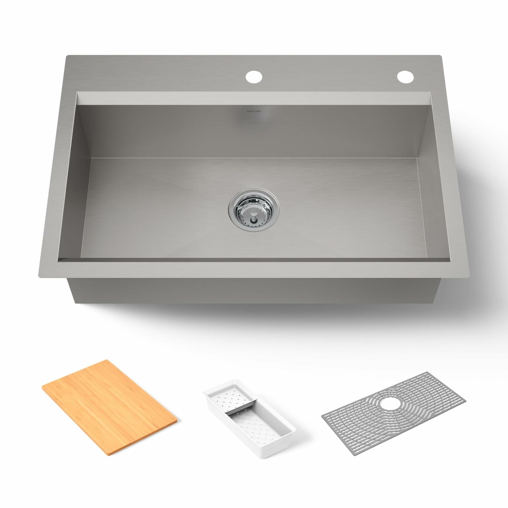 KOHLER Task 33" Top-/Undermount Single-Bowl Workstation Kitchen Sink, Includes Accessories, Stainless Steel, 2 Faucet Holes, K-80084-2PC-NA