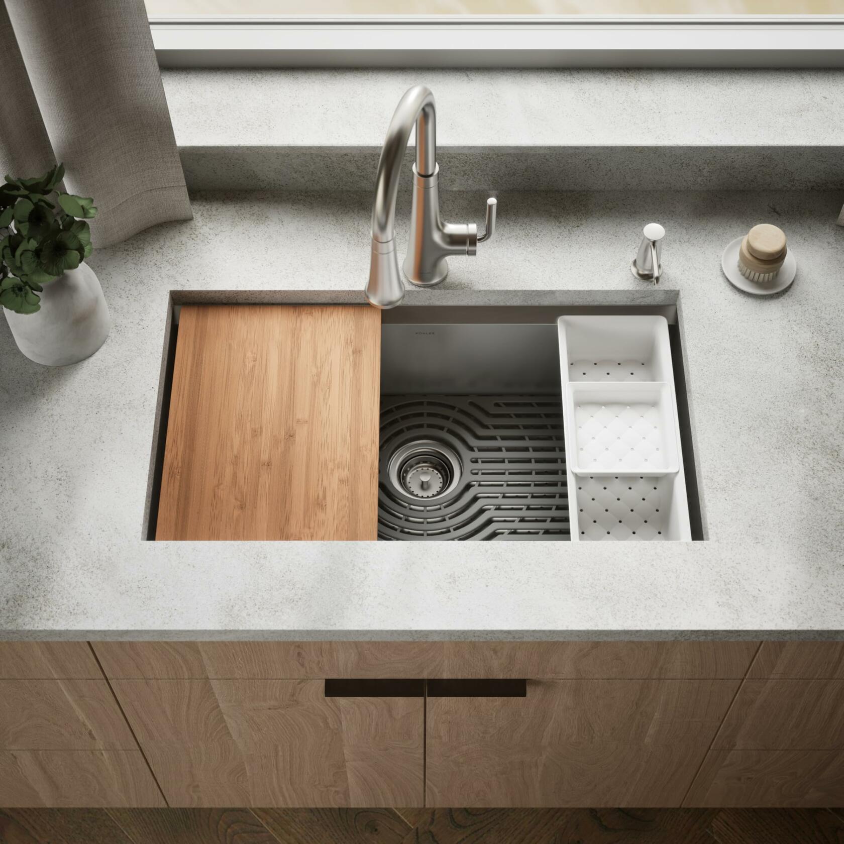 KOHLER Task 33" Top-/Undermount Single-Bowl Workstation Kitchen Sink, Includes Accessories, Stainless Steel, 2 Faucet Holes, K-80084-2PC-NA
