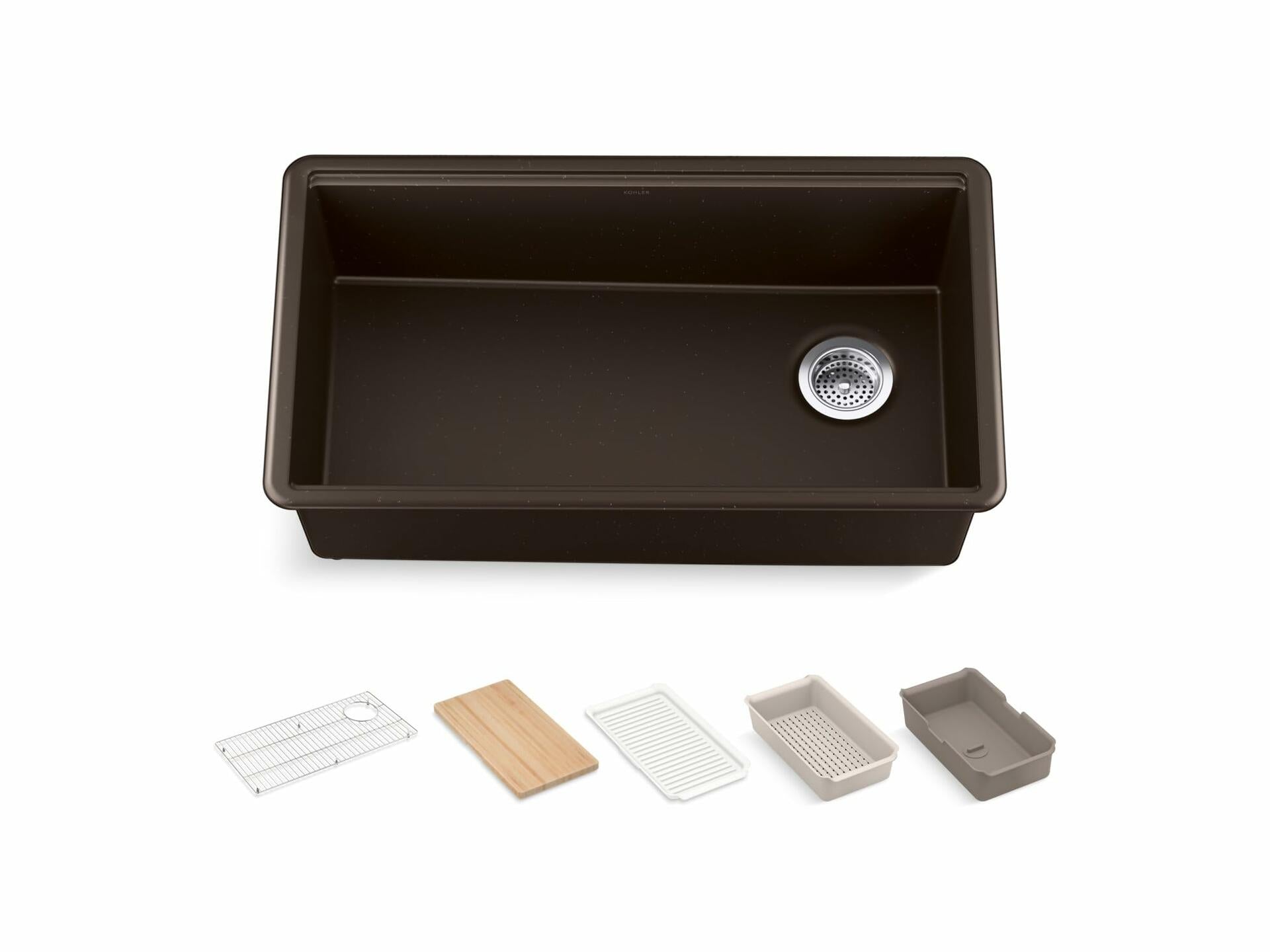 KOHLER Billings 32-1/2" Undermount Single-Bowl Workstation Kitchen Sink, Neoroc Composite, Deep Bowl, Matte Finish, Right Rear Drain, Fits 36" Cabinet, Matte Brown, K-33710-PC-CM2
