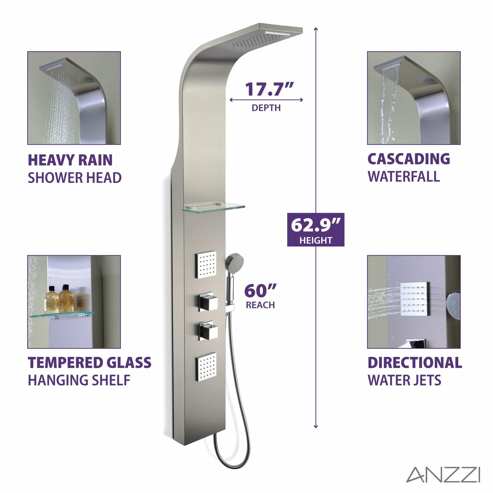 ANZZI Niagara 64" Body Massage 2-Jetted Shower Panel System with Heavy Rain Shower and Spray Wand in Brushed Nickel | Rainfall Waterfall Tower System with Handheld Shower | SP-AZ023