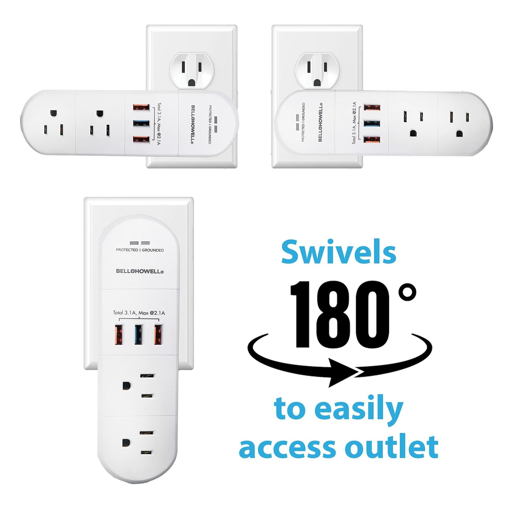 Swivel Power by Bell+Howell Power Strip w/Surge Protection Rapid, Swiveling Charging Station USB Outlet Extender – with 6 Electrical, 3 USB Port, 125VAC / 60Hz / 10A / 1250WMax, UL STD 498A