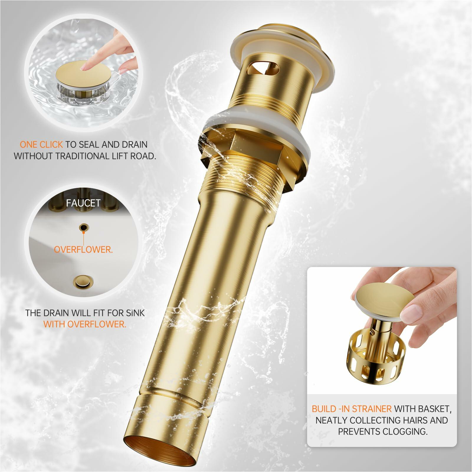 Phiestina Waterfall 8 inch Widespread Brushed Gold Bathroom Sink Faucet, 3 Hole Vanity Faucet All Metal Heavy Duty with Metal Pop-Up Drain and Water Supply Line, NS-WF005-BG