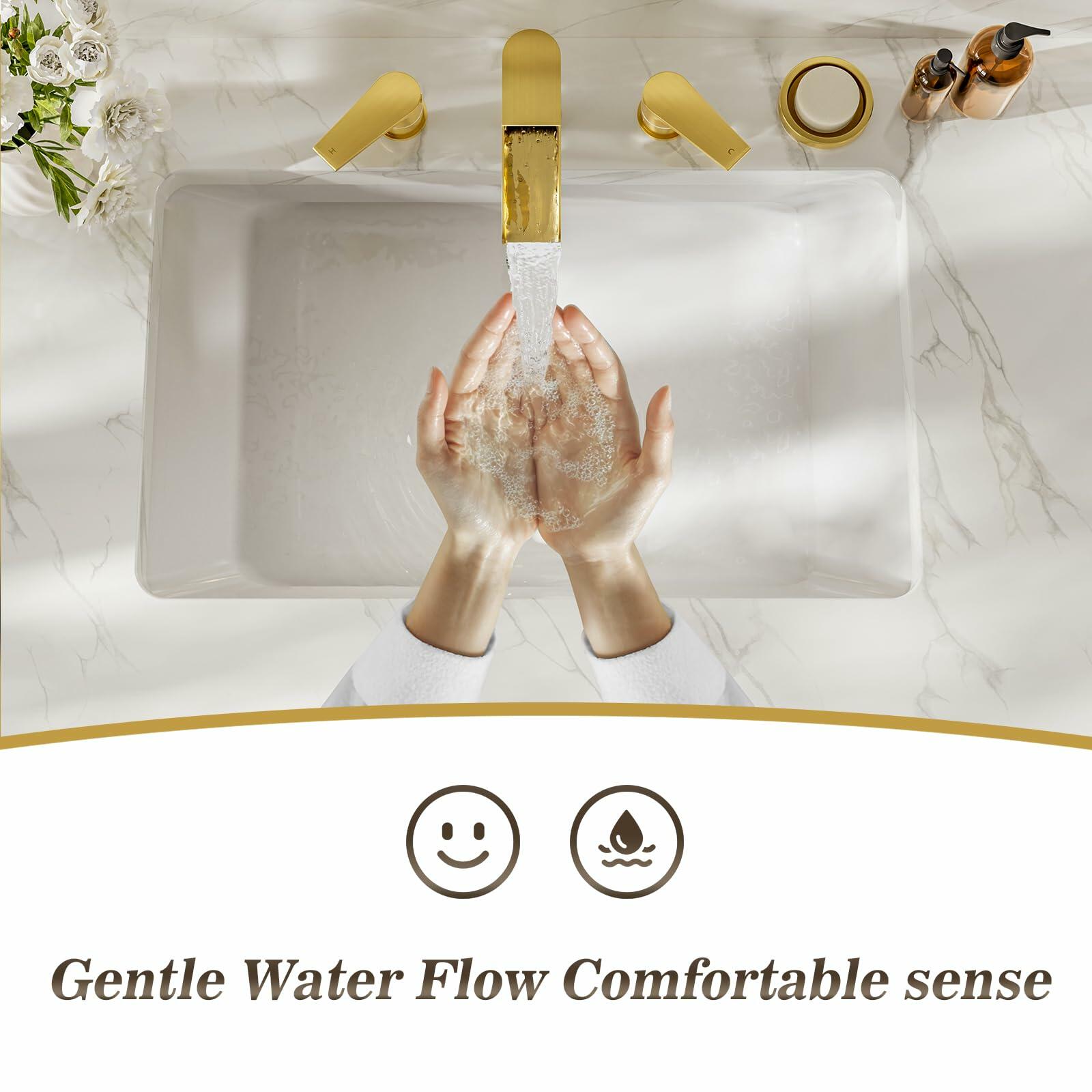 Phiestina Waterfall 8 inch Widespread Brushed Gold Bathroom Sink Faucet, 3 Hole Vanity Faucet All Metal Heavy Duty with Metal Pop-Up Drain and Water Supply Line, NS-WF005-BG