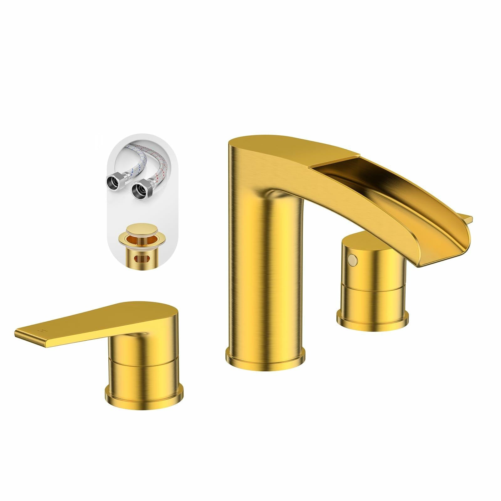 Phiestina Waterfall 8 inch Widespread Brushed Gold Bathroom Sink Faucet, 3 Hole Vanity Faucet All Metal Heavy Duty with Metal Pop-Up Drain and Water Supply Line, NS-WF005-BG