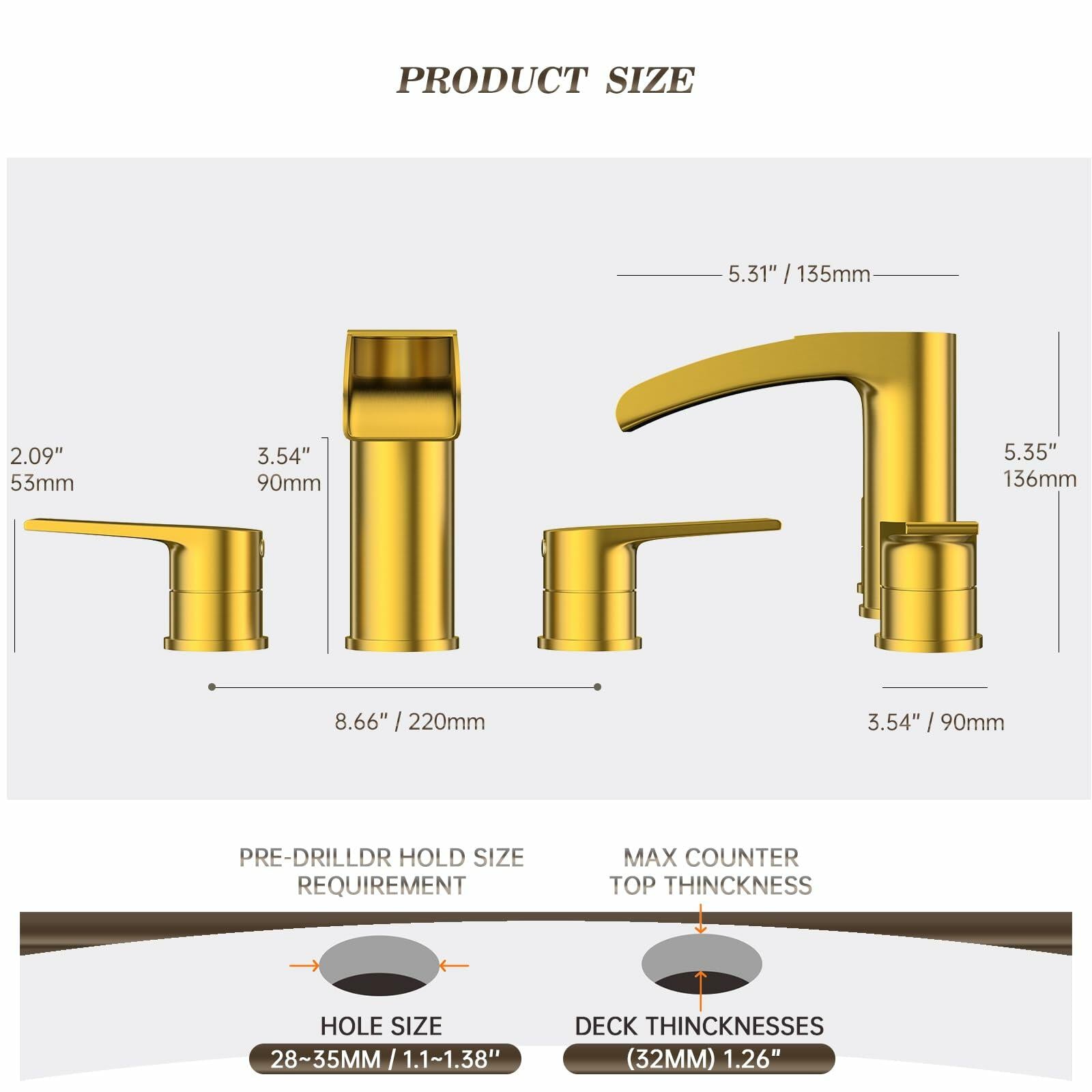 Phiestina Waterfall 8 inch Widespread Brushed Gold Bathroom Sink Faucet, 3 Hole Vanity Faucet All Metal Heavy Duty with Metal Pop-Up Drain and Water Supply Line, NS-WF005-BG