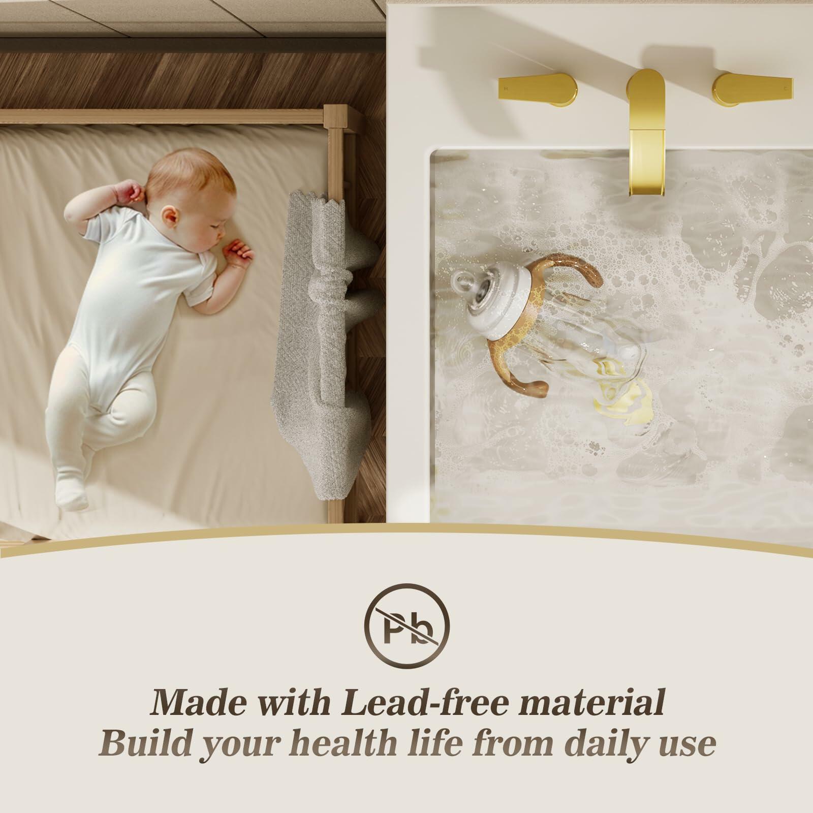 Phiestina Waterfall 8 inch Widespread Brushed Gold Bathroom Sink Faucet, 3 Hole Vanity Faucet All Metal Heavy Duty with Metal Pop-Up Drain and Water Supply Line, NS-WF005-BG