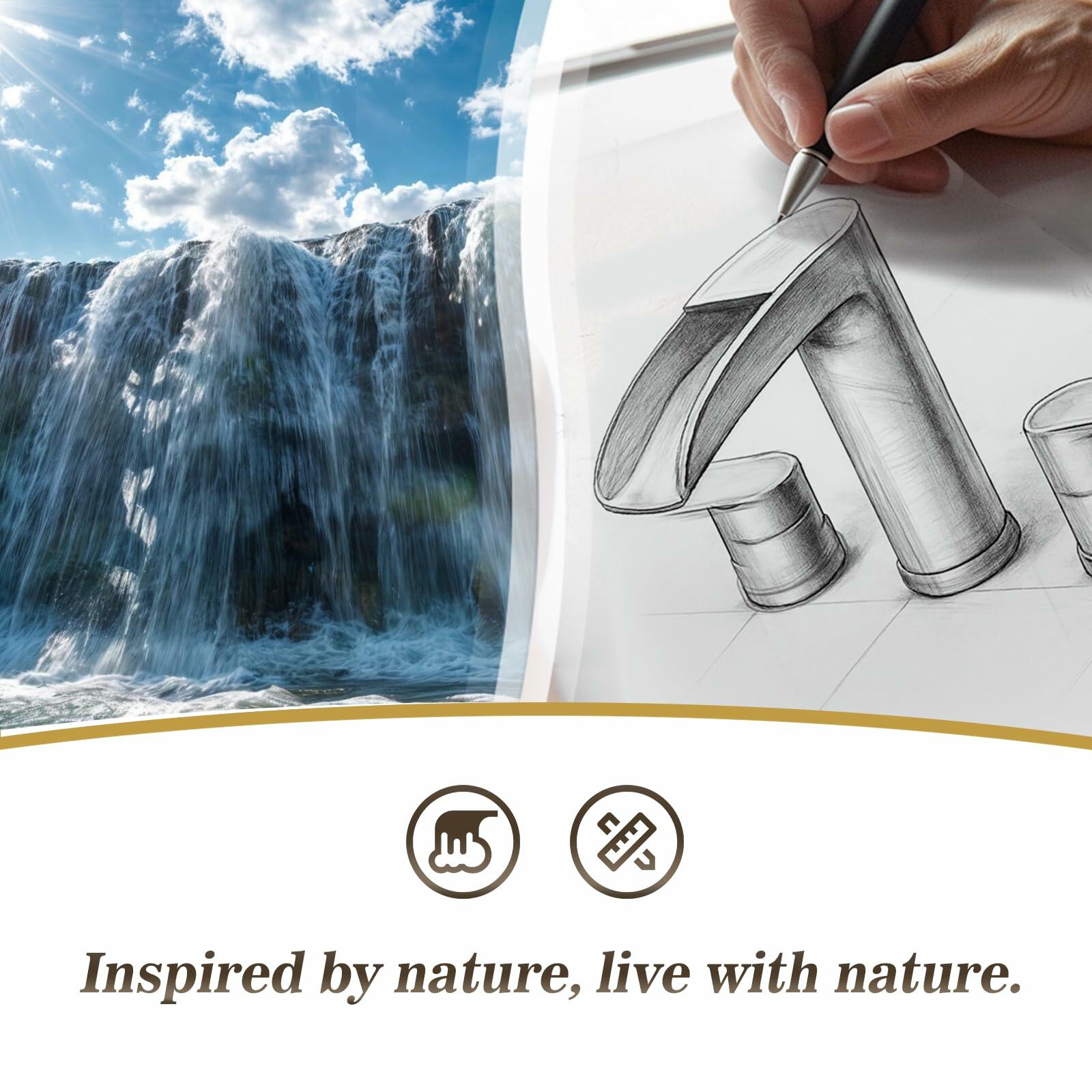 Phiestina Waterfall 8 inch Widespread Brushed Gold Bathroom Sink Faucet, 3 Hole Vanity Faucet All Metal Heavy Duty with Metal Pop-Up Drain and Water Supply Line, NS-WF005-BG