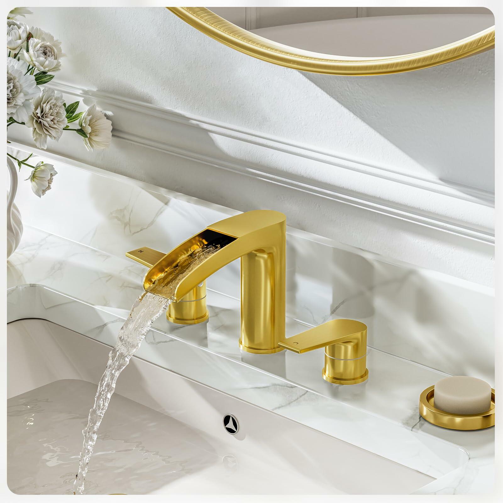 Phiestina Waterfall 8 inch Widespread Brushed Gold Bathroom Sink Faucet, 3 Hole Vanity Faucet All Metal Heavy Duty with Metal Pop-Up Drain and Water Supply Line, NS-WF005-BG