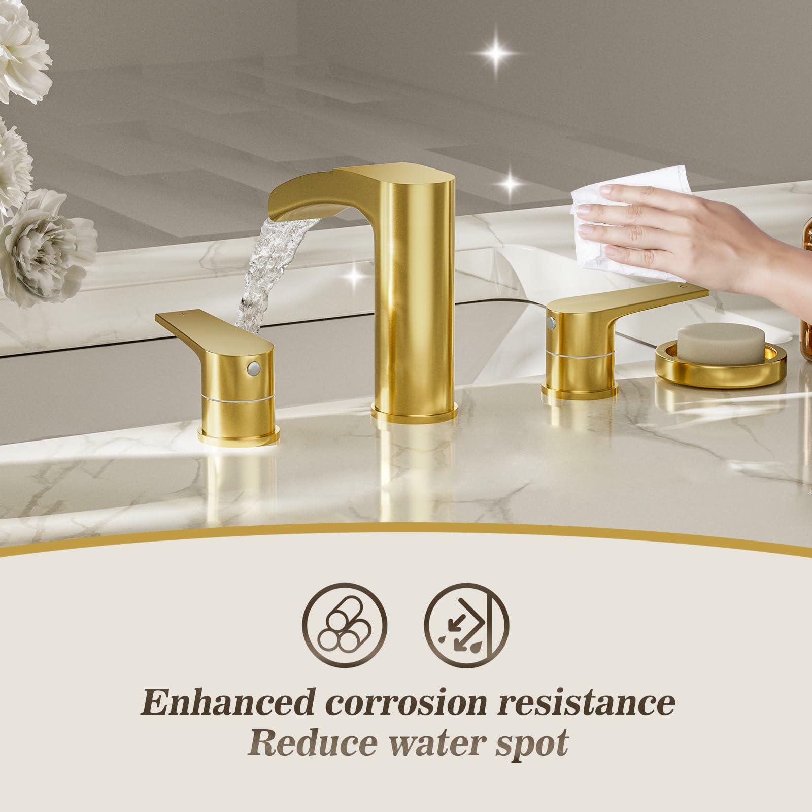 Phiestina Waterfall 8 inch Widespread Brushed Gold Bathroom Sink Faucet, 3 Hole Vanity Faucet All Metal Heavy Duty with Metal Pop-Up Drain and Water Supply Line, NS-WF005-BG