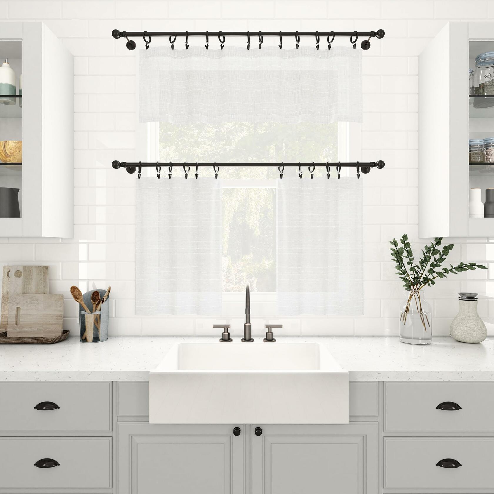 Clean Window Textured Slub Stripe 2-Pack Anti-Dust Allergy/Pet Friendly Sheer Cafe Curtain Pair, White, 52" W x 24" L (2 Panels)