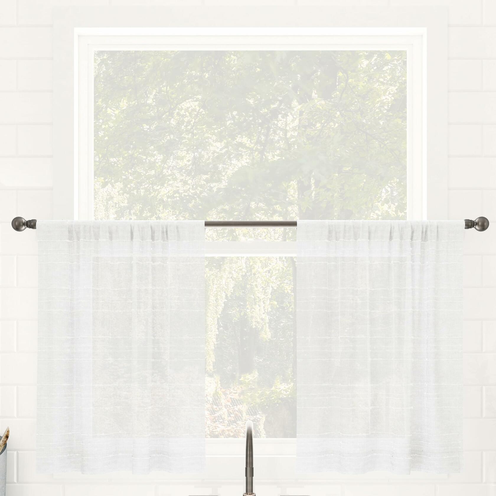 Clean Window Textured Slub Stripe 2-Pack Anti-Dust Allergy/Pet Friendly Sheer Cafe Curtain Pair, White, 52" W x 24" L (2 Panels)