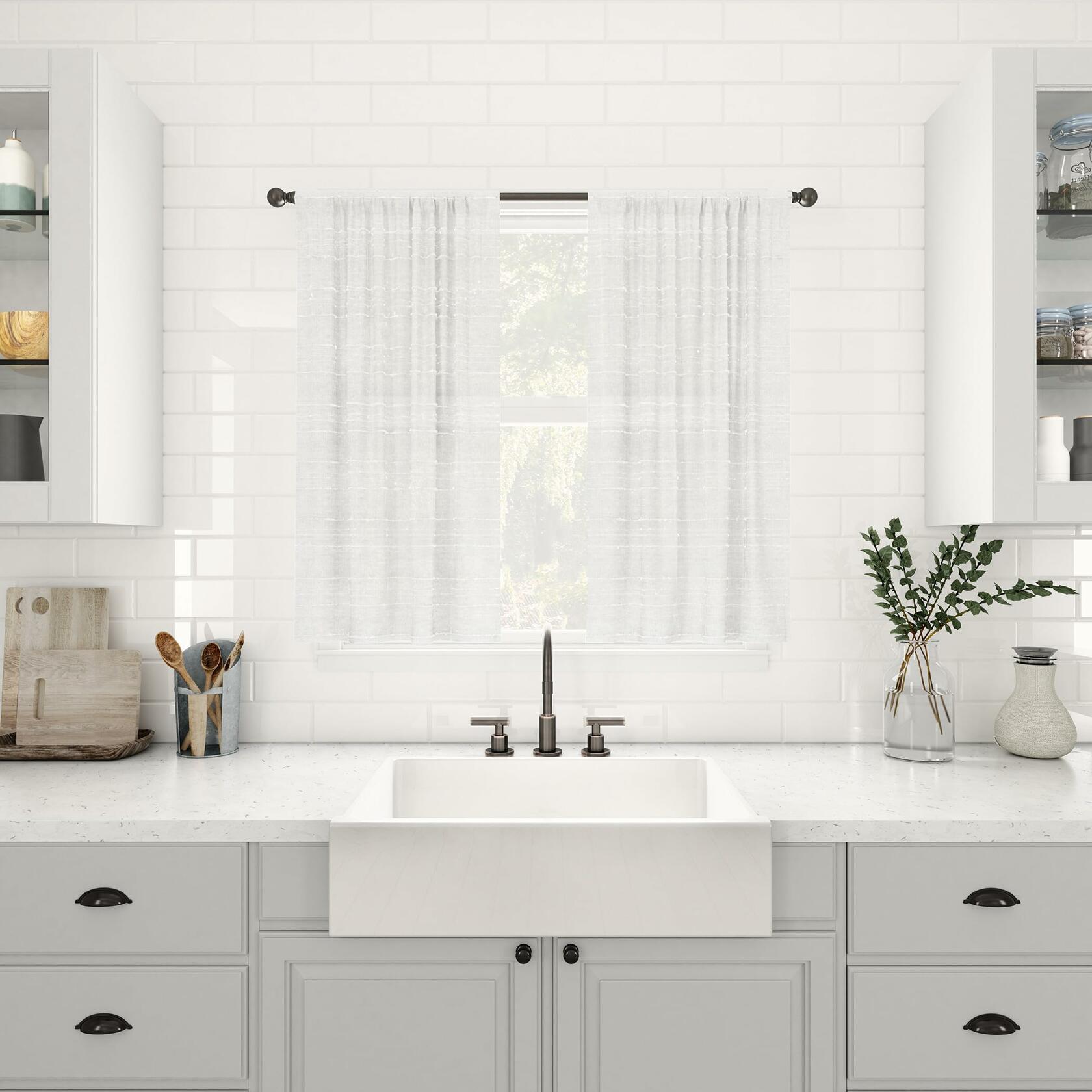 Clean Window Textured Slub Stripe 2-Pack Anti-Dust Allergy/Pet Friendly Sheer Cafe Curtain Pair, White, 52" W x 24" L (2 Panels)