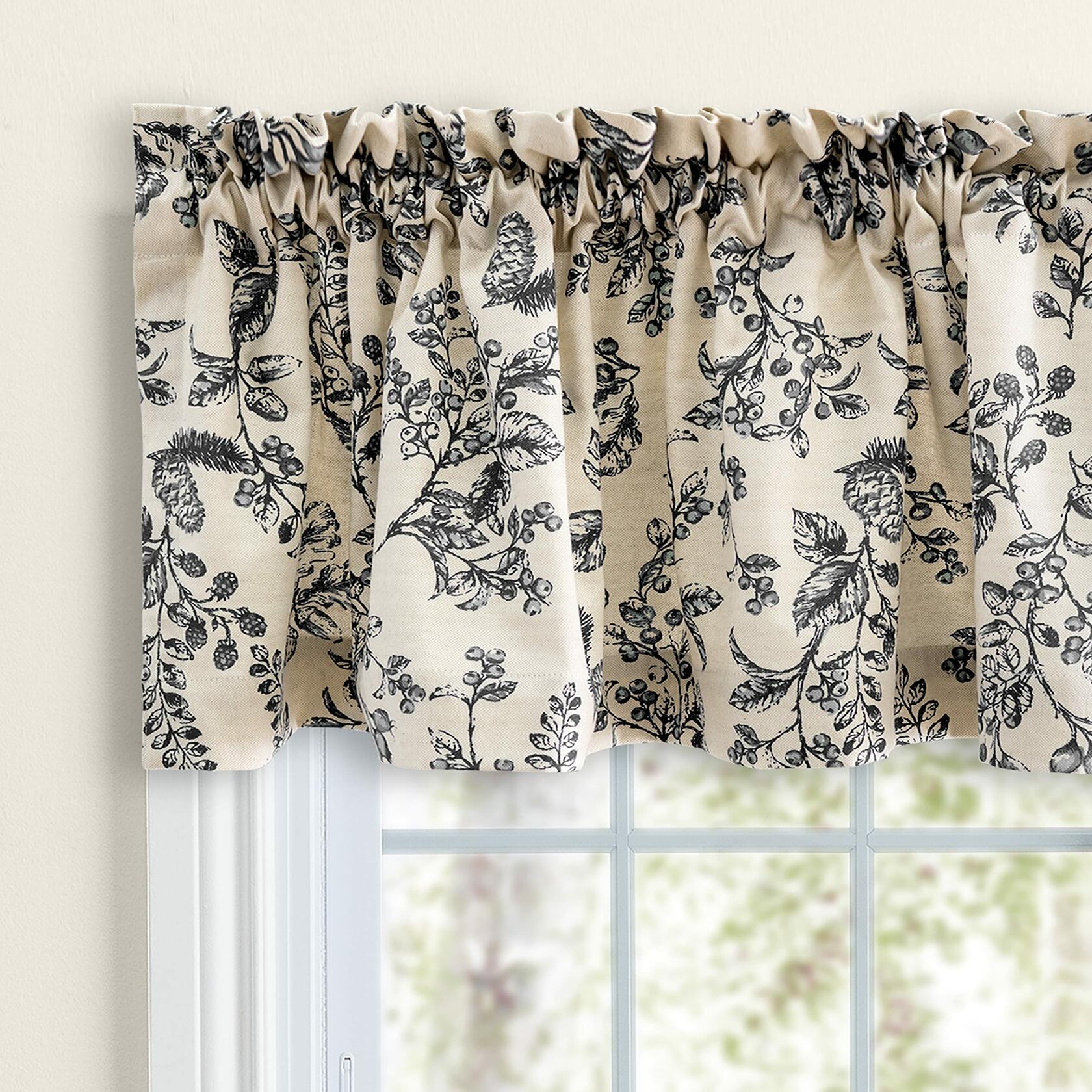 Ricardo | Waverly Gardens Tailored Valance | 84" W x 13" L | Black | Farmhouse Curtains | Great for Layering | Vibrant Leaf Design | Unlined Soft Cotton | Light-Filtering | Machine Washable