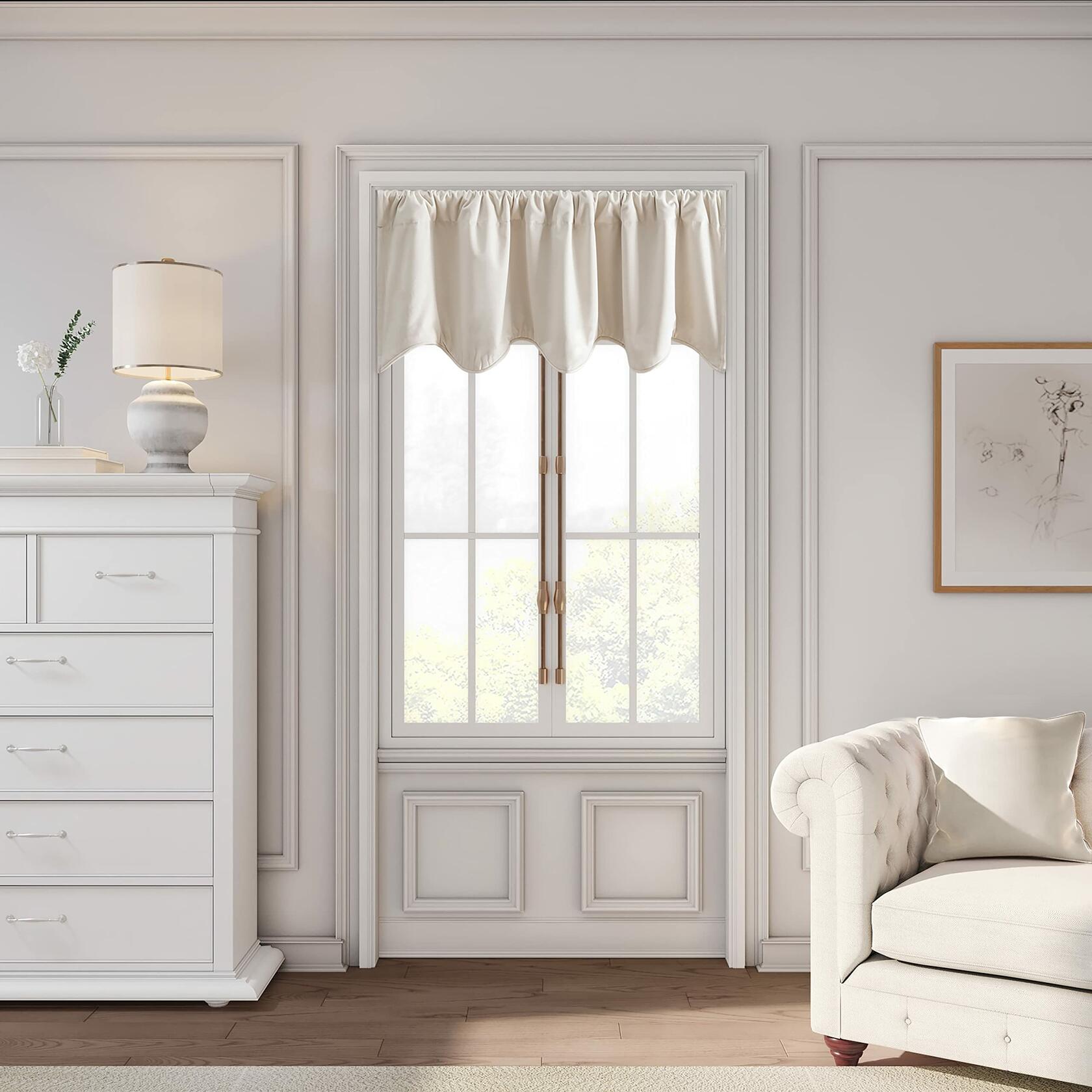 Ricardo | Premium Velvet Scalloped Valance | 50" W x 17" L | Bone | Rod Pocket & Scalloped Hem | Luxurious Feel | Cream Short Blackout Curtain | Soft Velvet Kitchen & Livingroom Valance