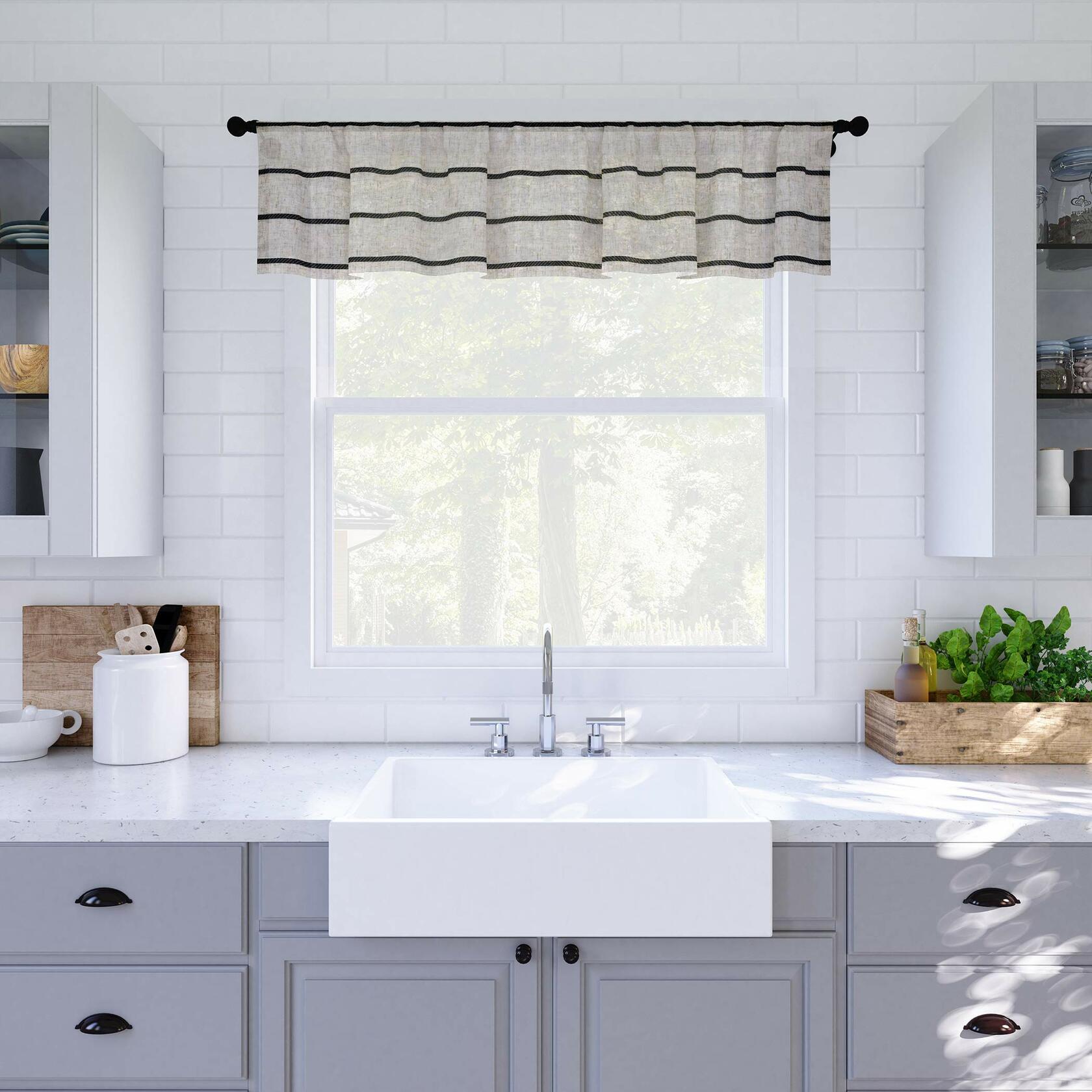 Clean Window Twill Stripe Anti-Dust Allergy/Pet Friendly Anti-Dust Sheer Cafe Valance, 52" x 14", White/Linen