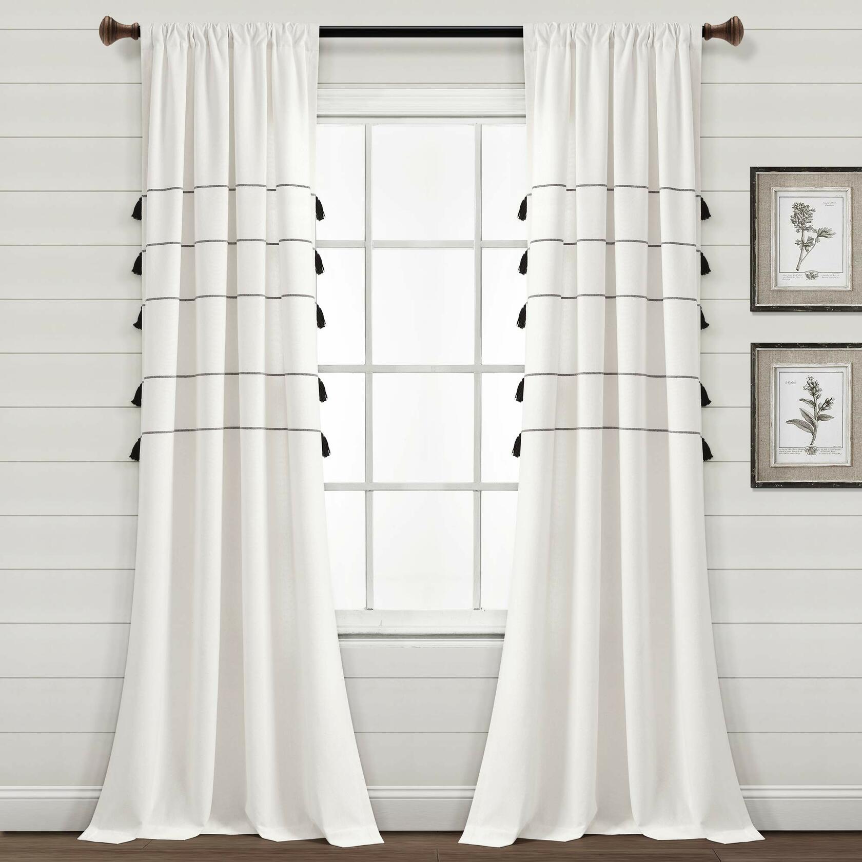 Lush Decor Farmhouse Boho Stripe Woven Tassel Yarn Dyed Cotton Window Curtain Panel Pair, 95" L x 42" W, Ivory & Black