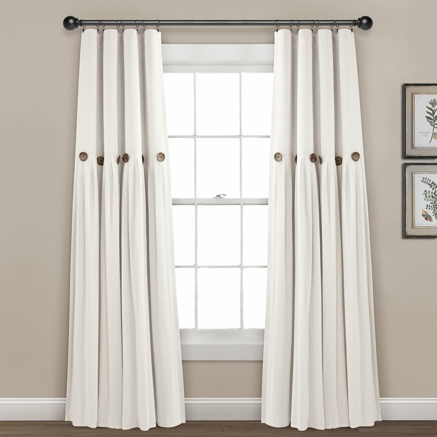 Lush Decor Linen Button Window Curtain Panel, Single, 40" W x 84" L, Off-white - Country Curtains - Rustic Decor - Color Block Modern Farmhouse Curtains For Living Room, Bedroom & Dining Room