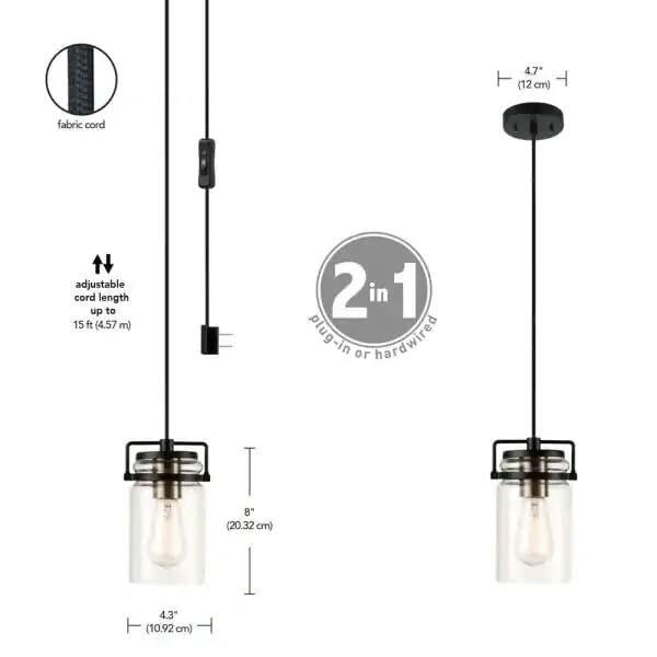 Oliver 1-Light Dark Bronze Plug-in or Hardwire Pendant Lighting with 15 ft. Cord