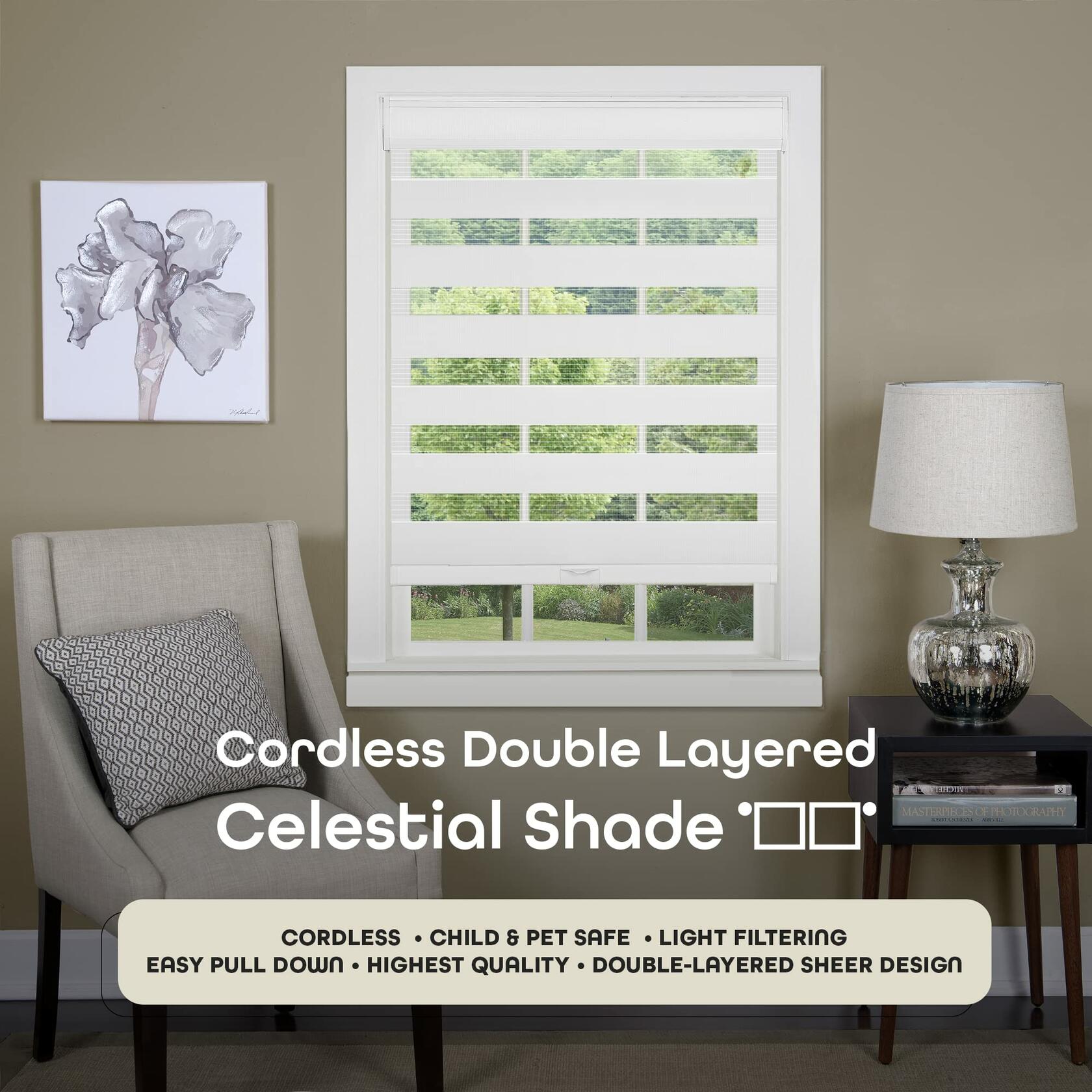 Cordless Celestial Sheer Double-Layered Window Roller Shade - 27 Inch Width x 72 Inch Length (White) - Light Filtering Vinyl Window Privacy Blinds for Bedroom & Dining Room by Achim Home D�cor