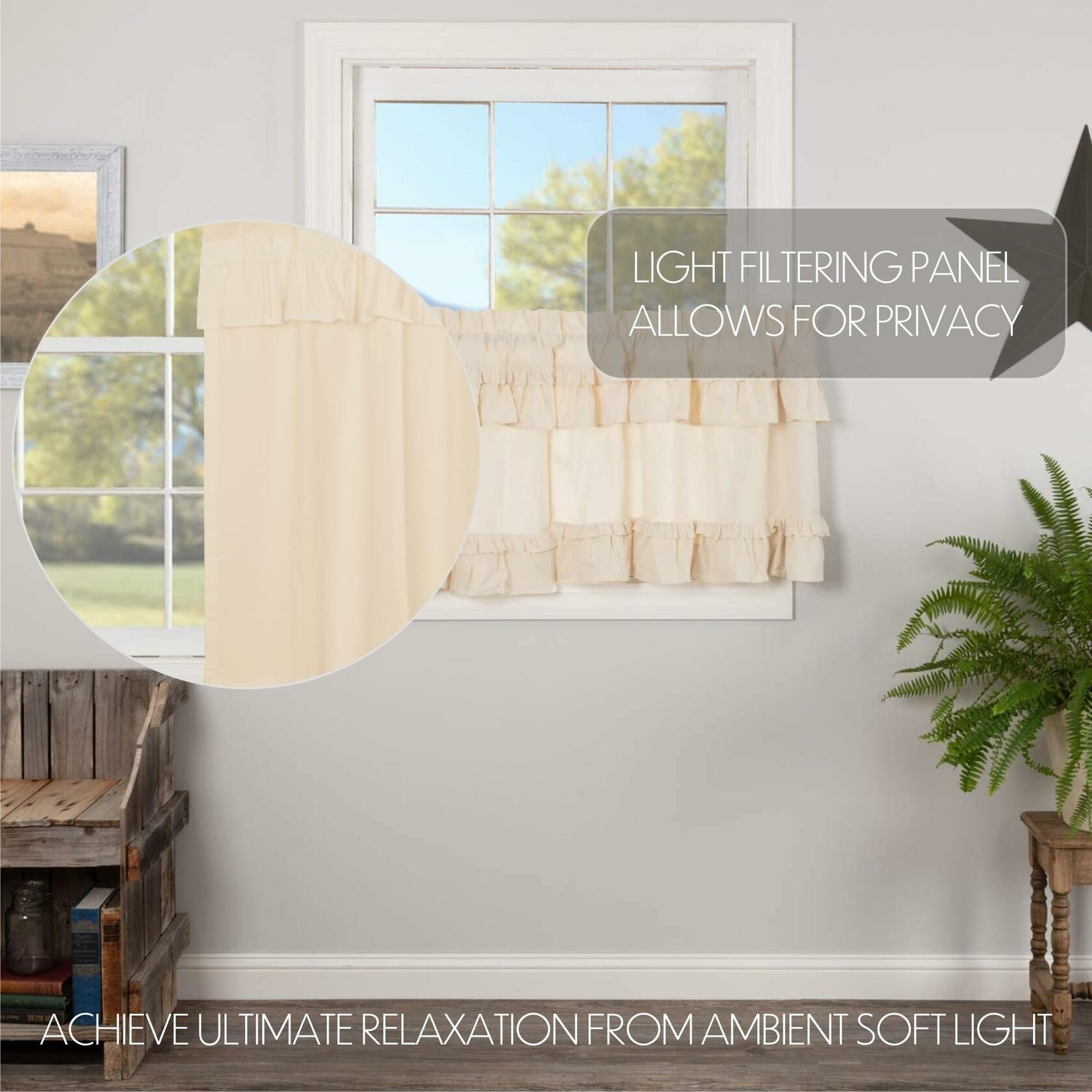 VHC Brands Muslin Ruffled Unbleached Natural Tan Tier Set of 2 Farmhouse Cotton Window Treatment for Living Room or Kitchen 24" Lx36 W