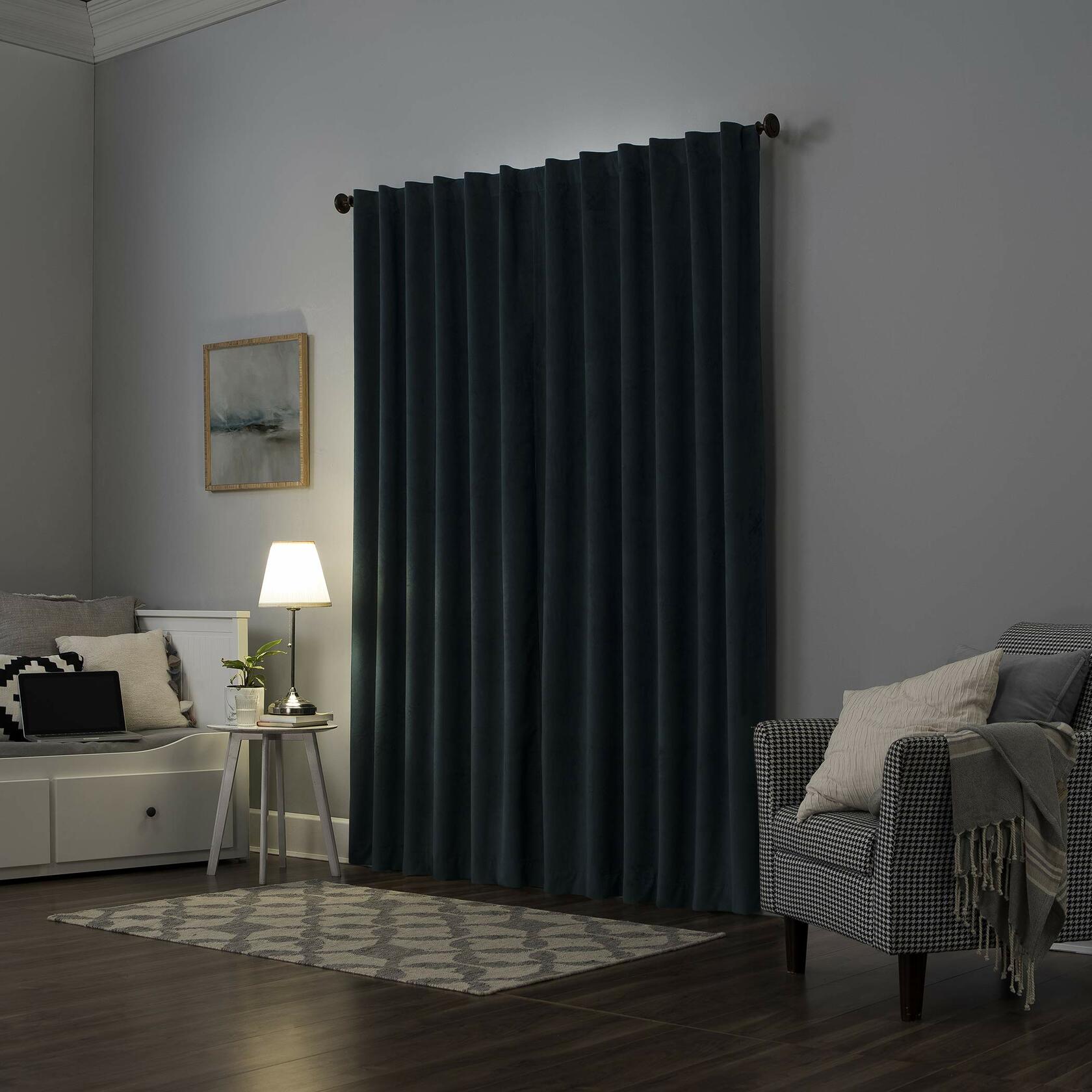 Sun Zero Hampshire Velvet Noise Reducing Thermal Extreme Total Blackout Back Tab Curtain Panel, 50" x 96", Teal