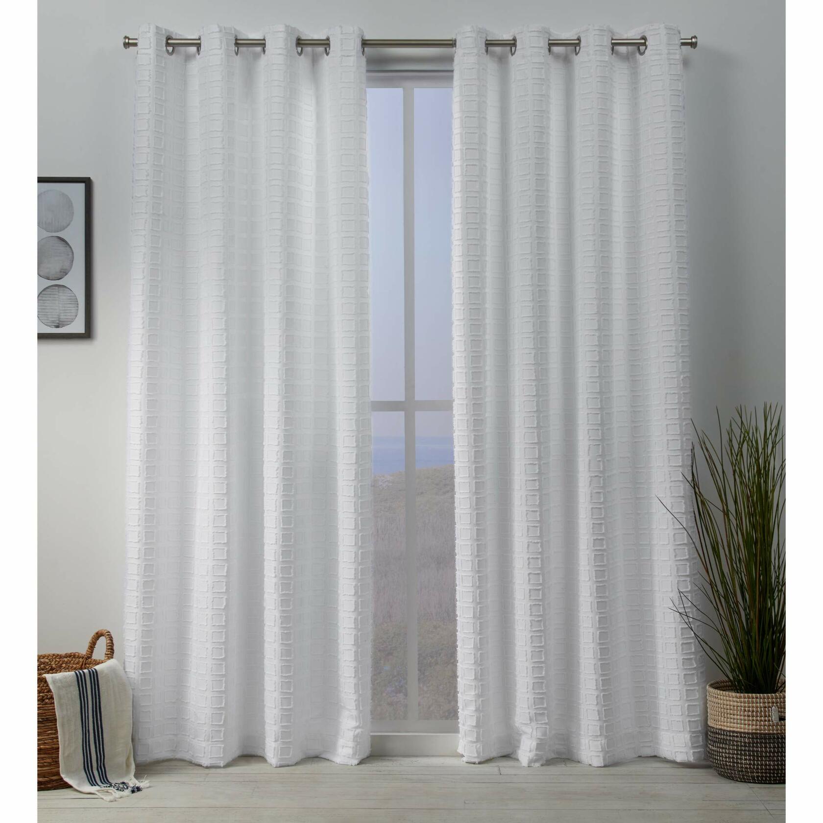 EXCLUSIVE HOME Squared Embellished Grommet Top Curtain Panel Pair, 54"x108", White